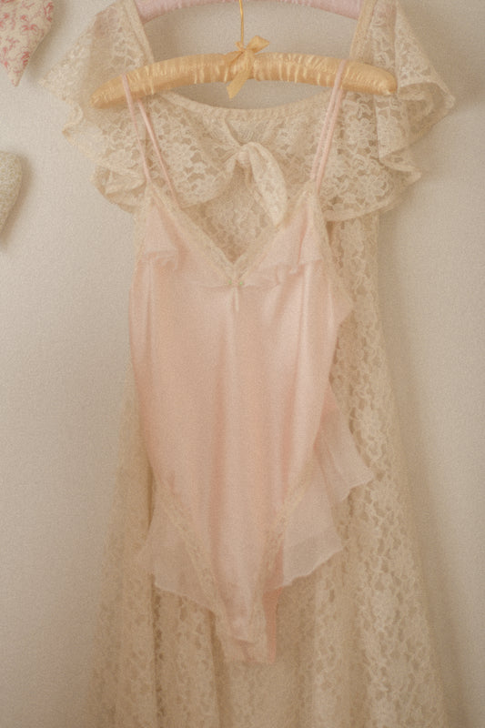 Vintage pink satin ruffled playsuit