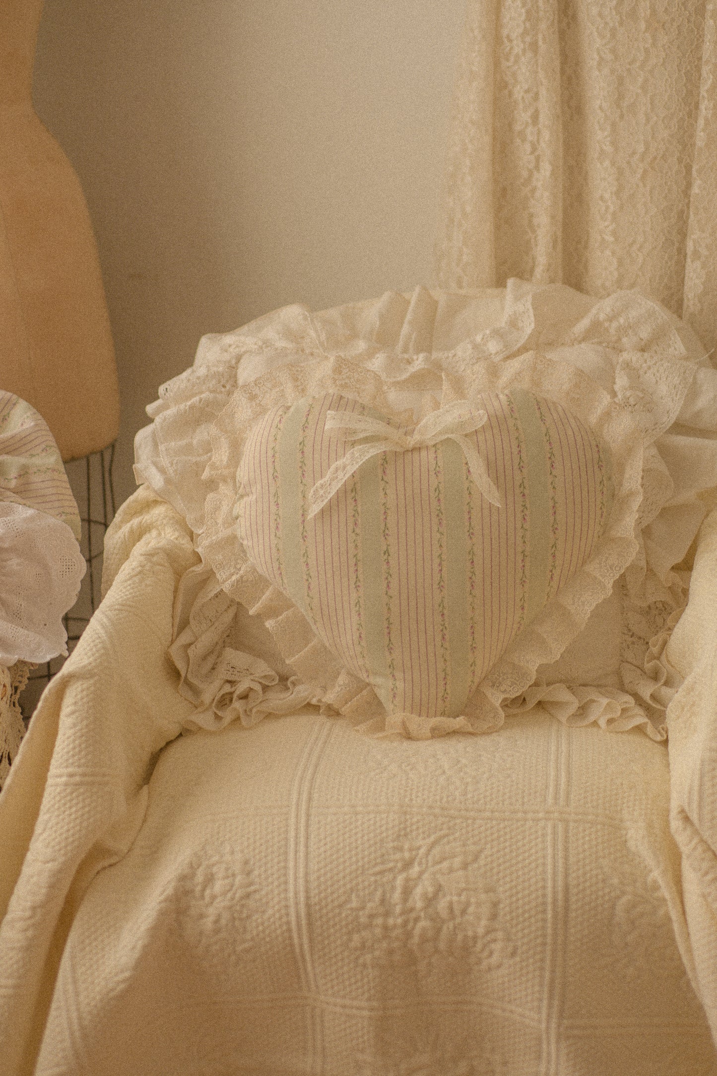 Handmade lace trimmed heart pillow - Penelope