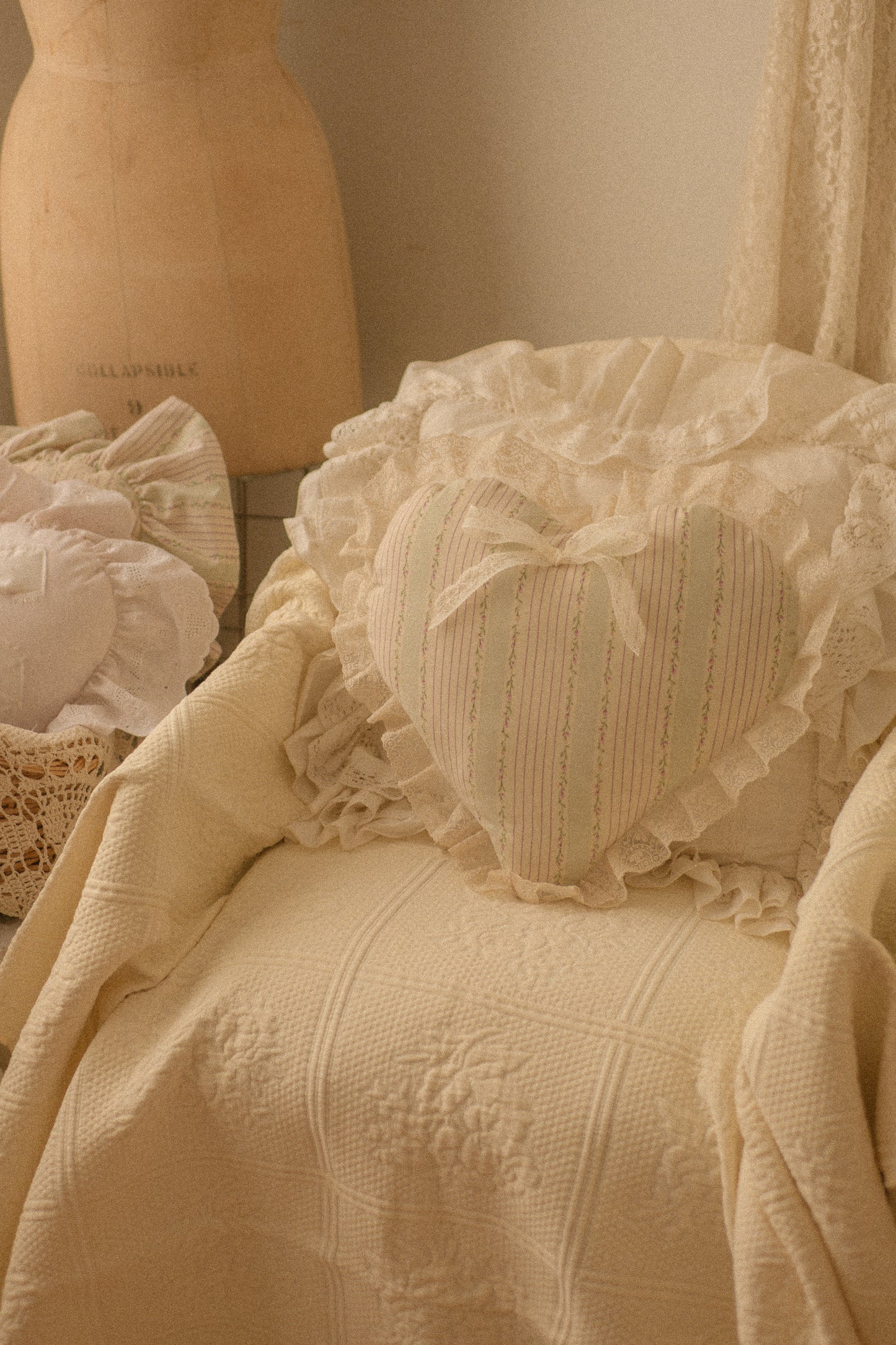 Handmade lace trimmed heart pillow - Penelope