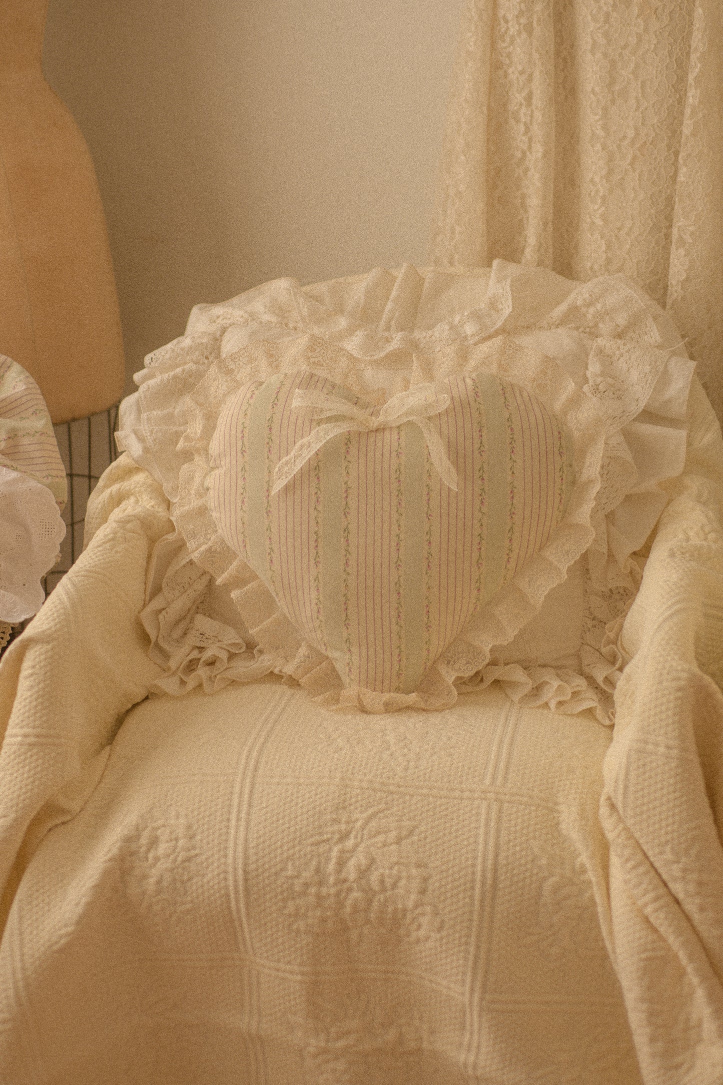 Handmade lace trimmed heart pillow - Penelope