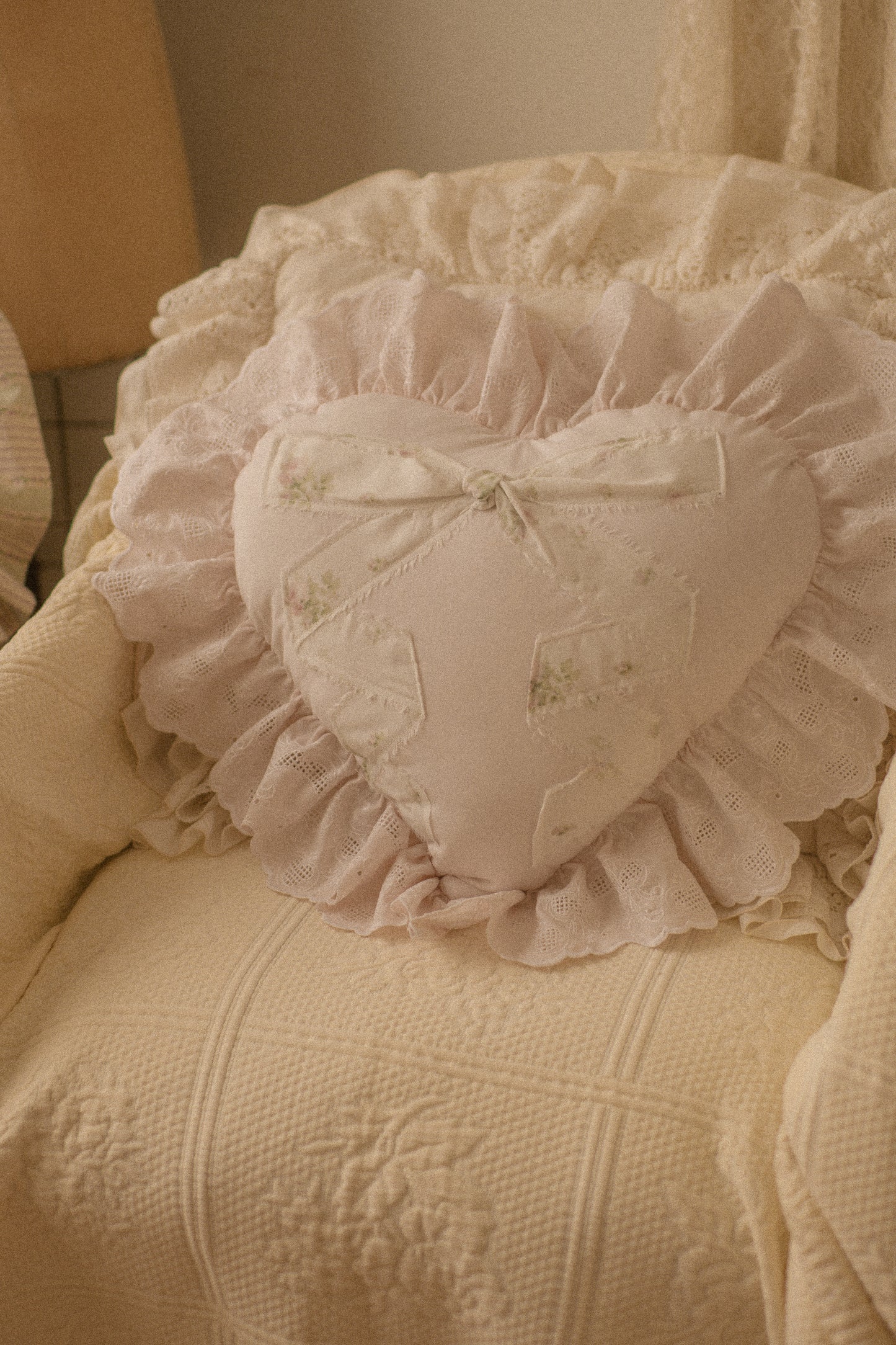 Handmade ruffled  appliqué heart pillow - Charlotte