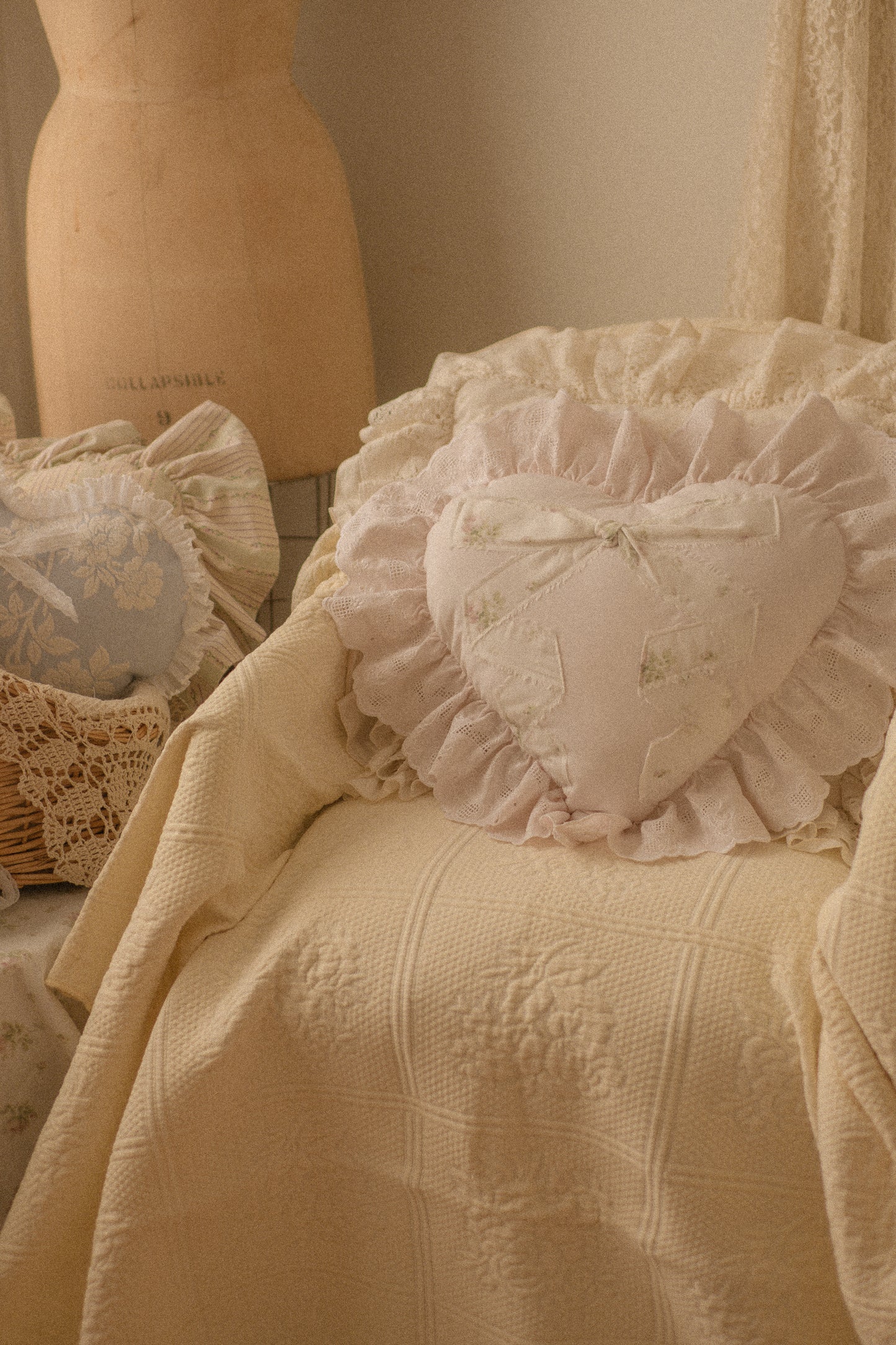 Handmade ruffled  appliqué heart pillow - Charlotte