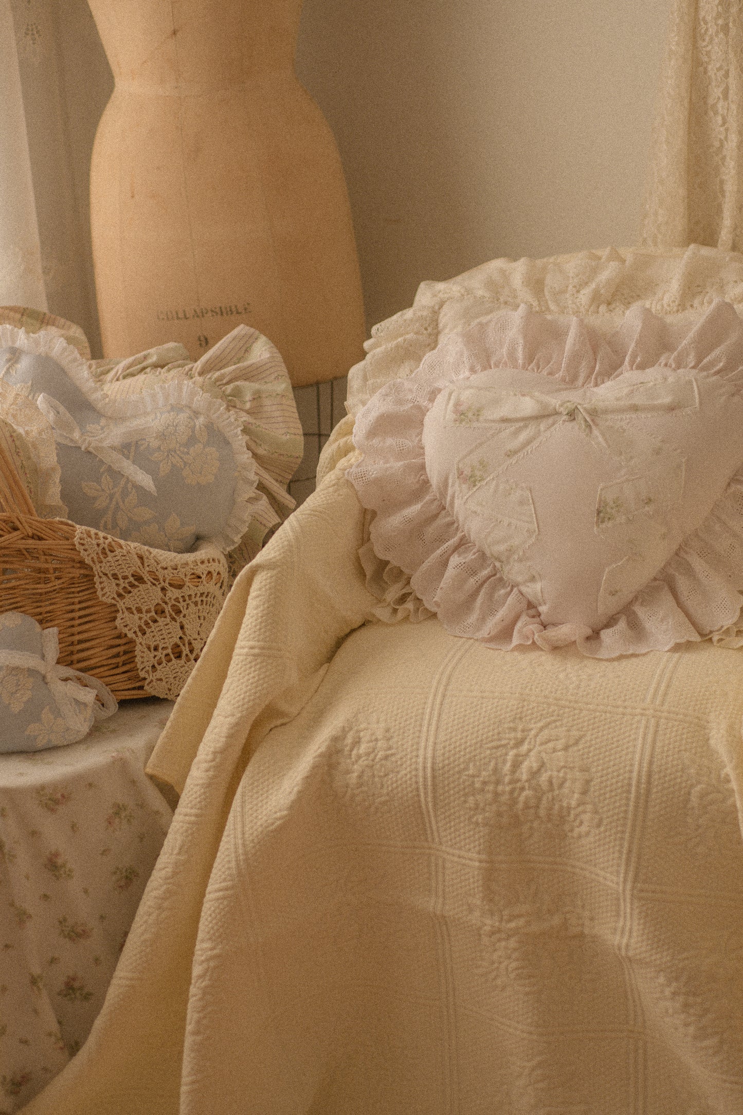 Handmade ruffled  appliqué heart pillow - Charlotte