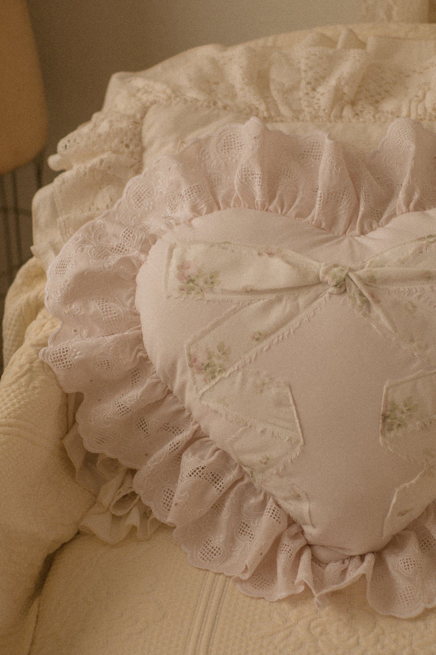 Handmade ruffled  appliqué heart pillow - Charlotte