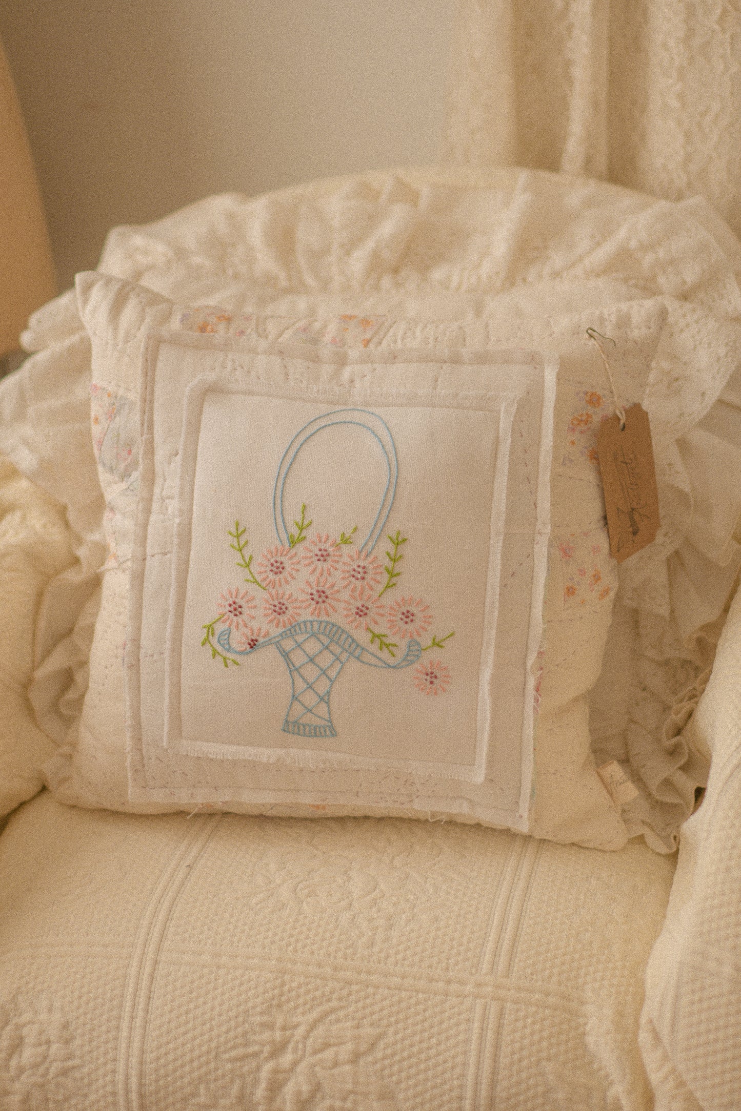 Handmade patchwork quilt embroidered pillow