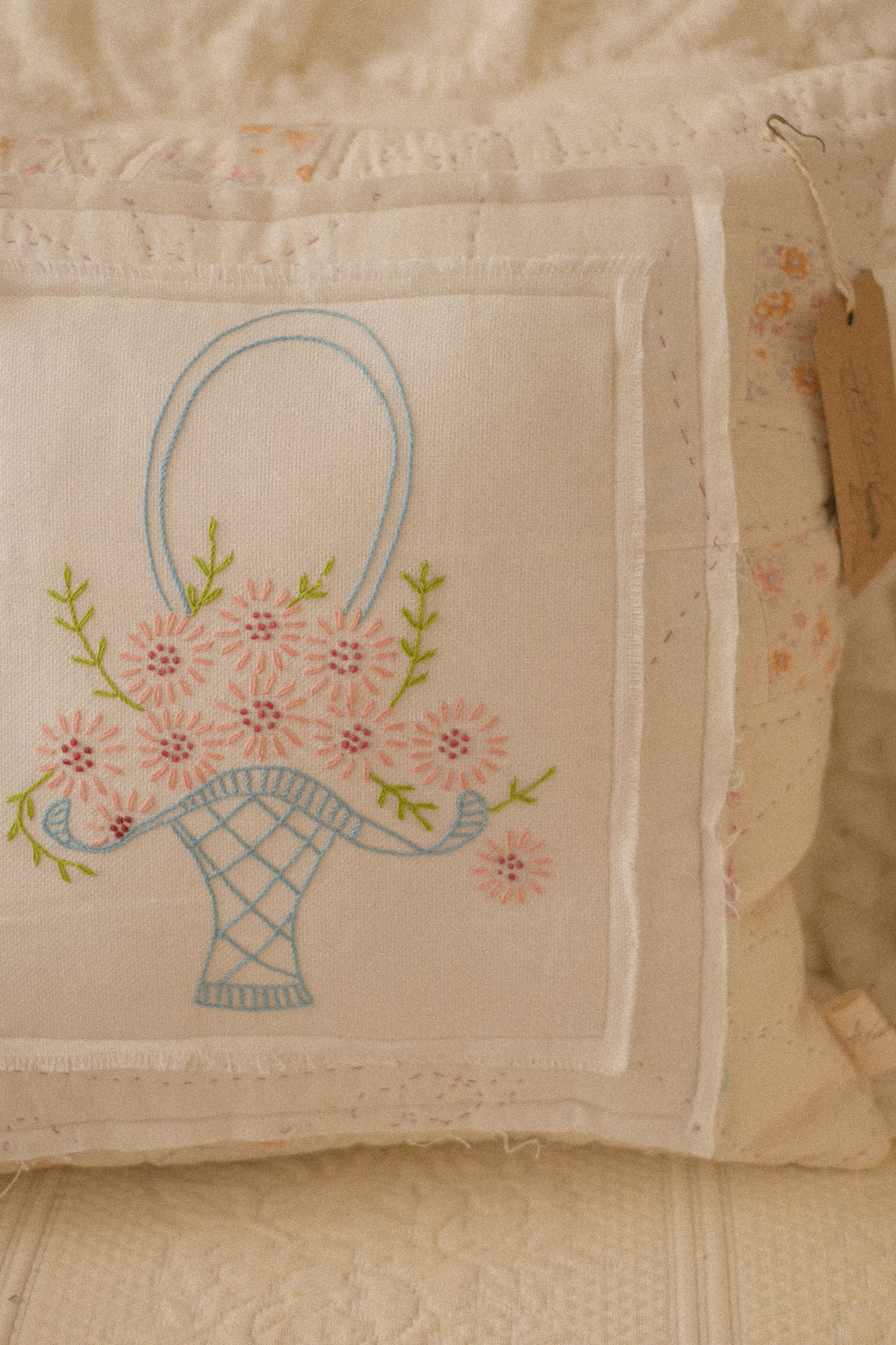 Handmade patchwork quilt embroidered pillow