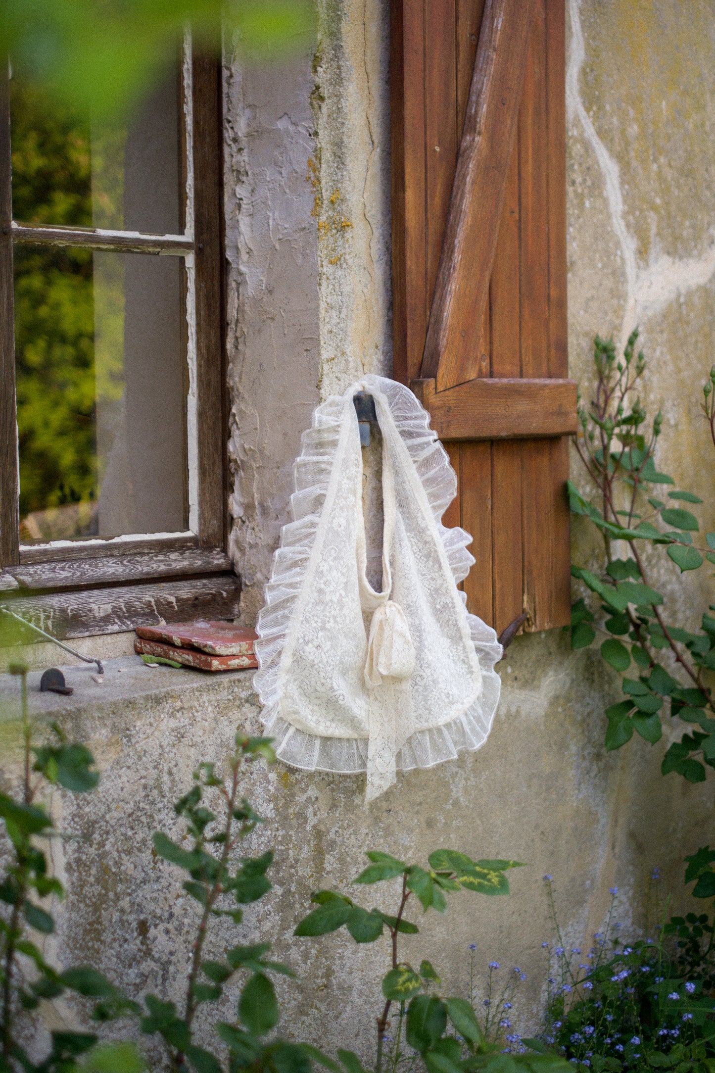 Handmade ruffled vintage lace tote