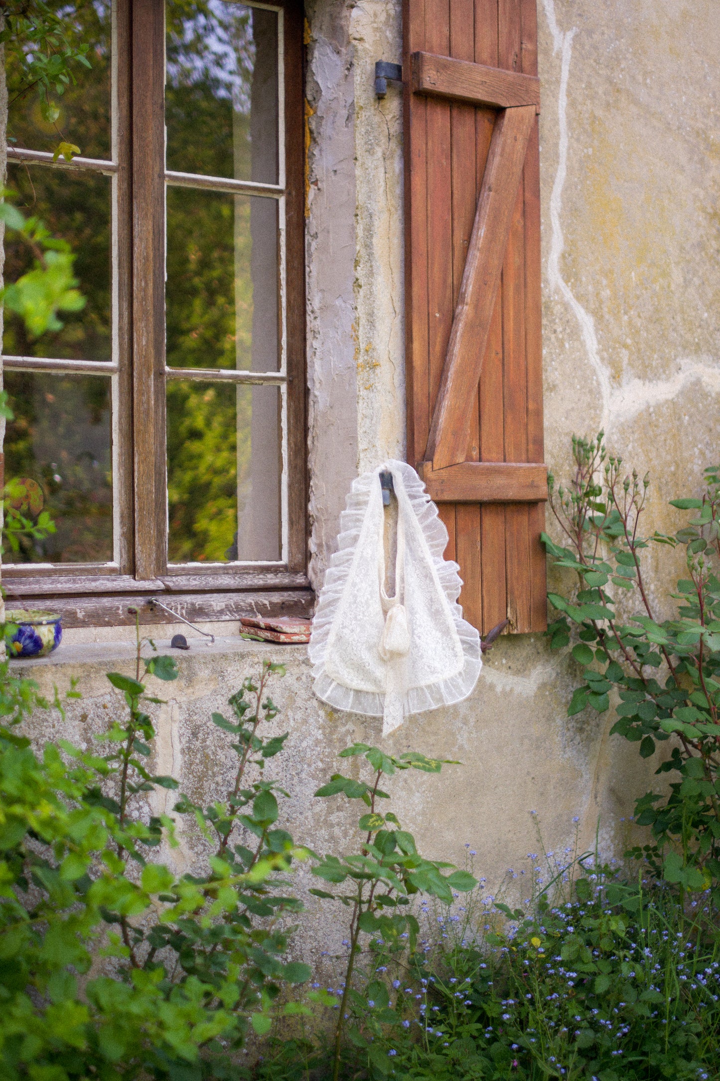 Handmade ruffled vintage lace tote