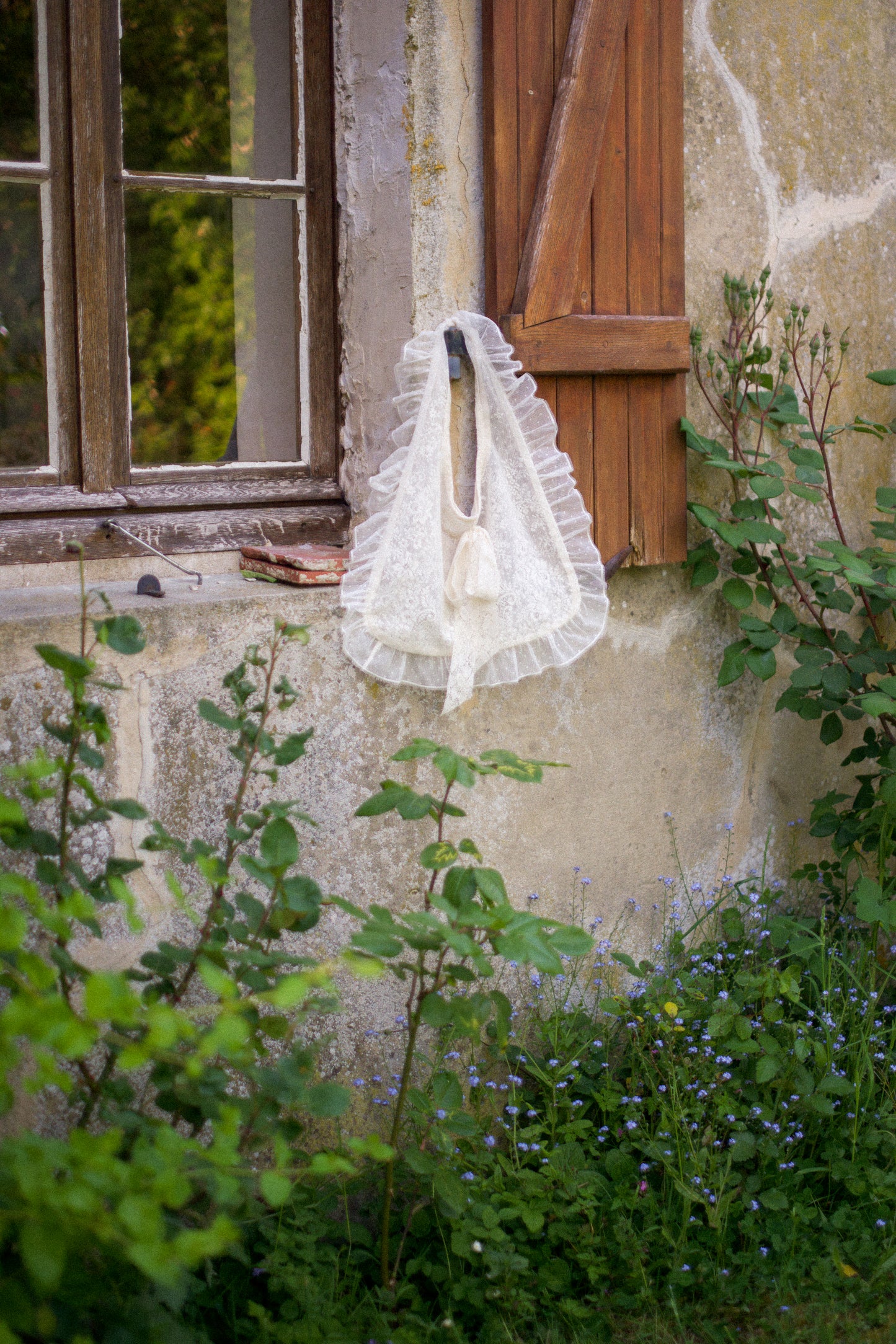 Handmade ruffled vintage lace tote