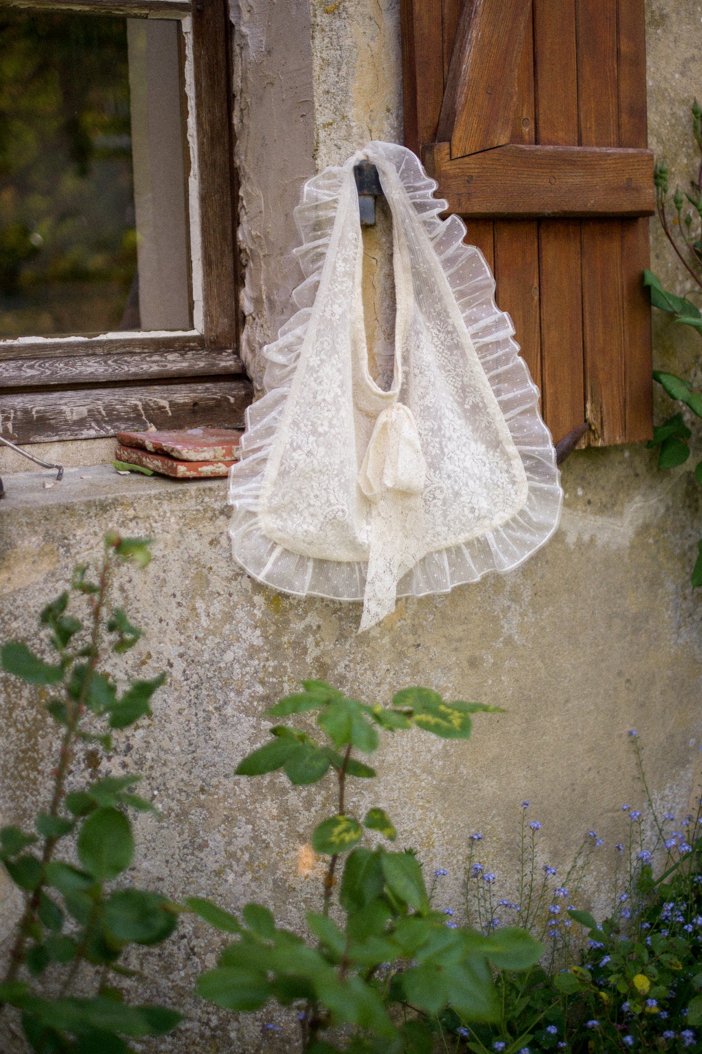 Handmade ruffled vintage lace tote