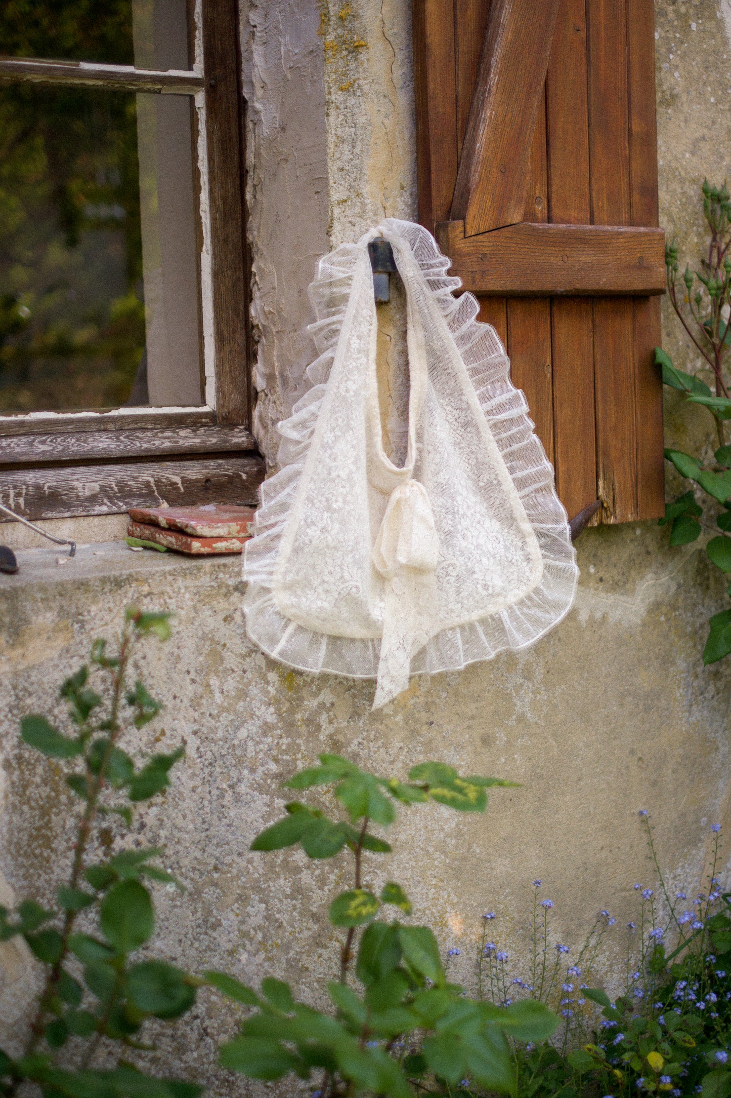 Handmade ruffled vintage lace tote