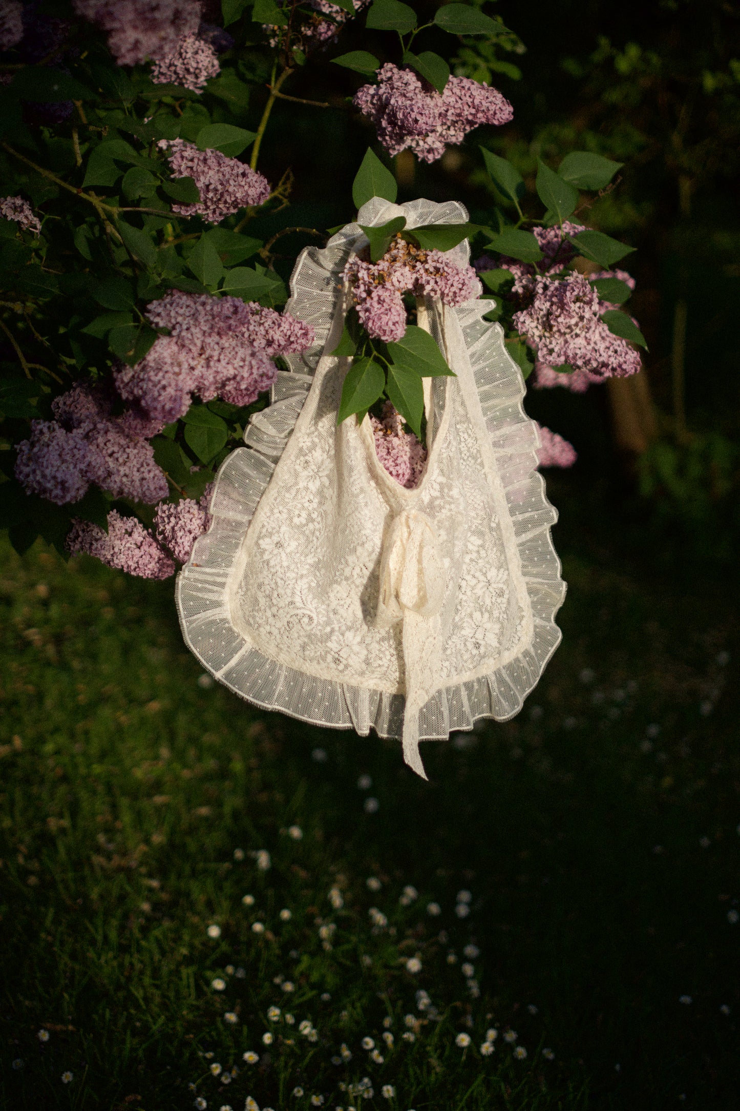 Handmade ruffled vintage lace tote
