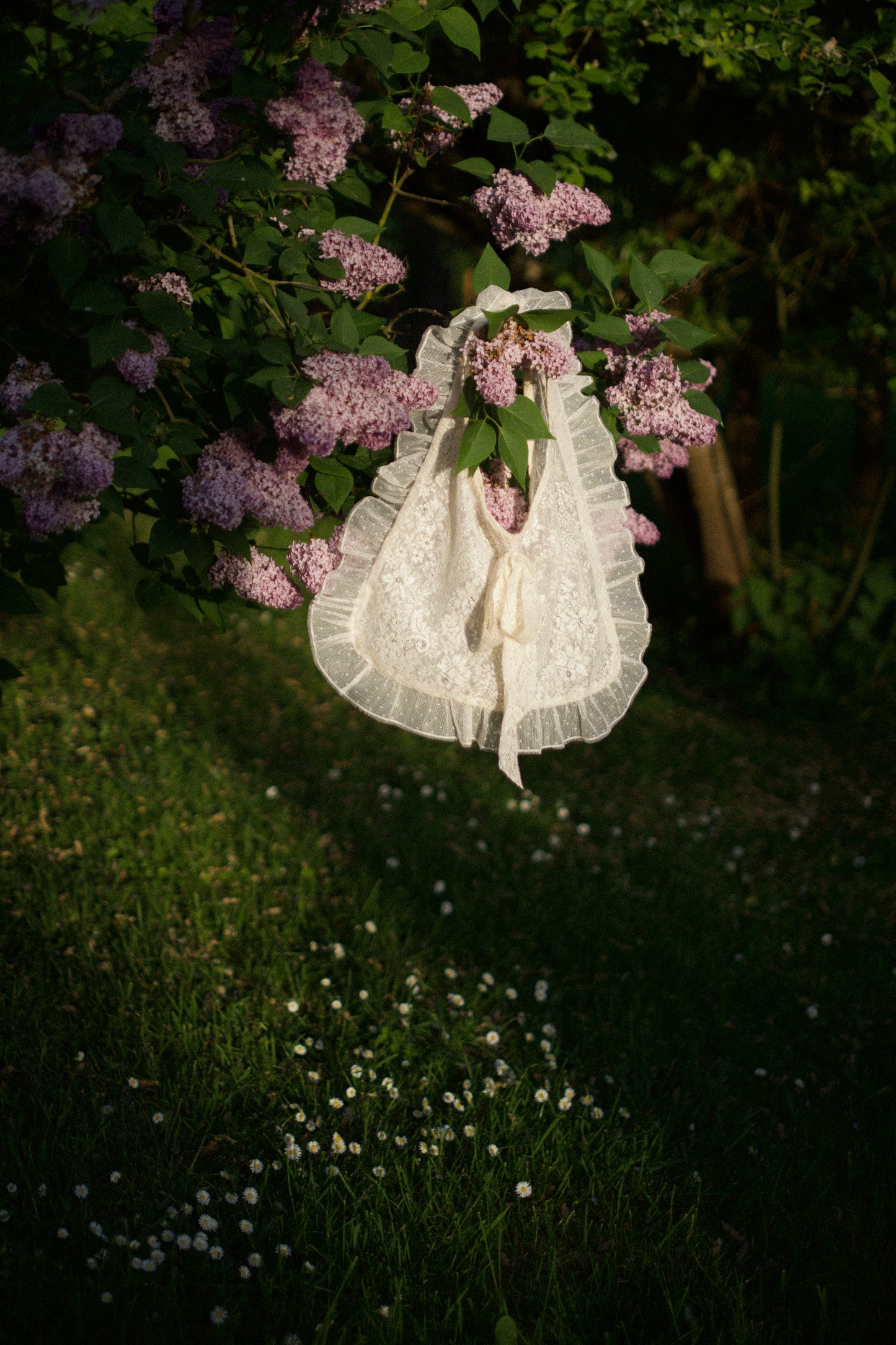 Handmade ruffled vintage lace tote