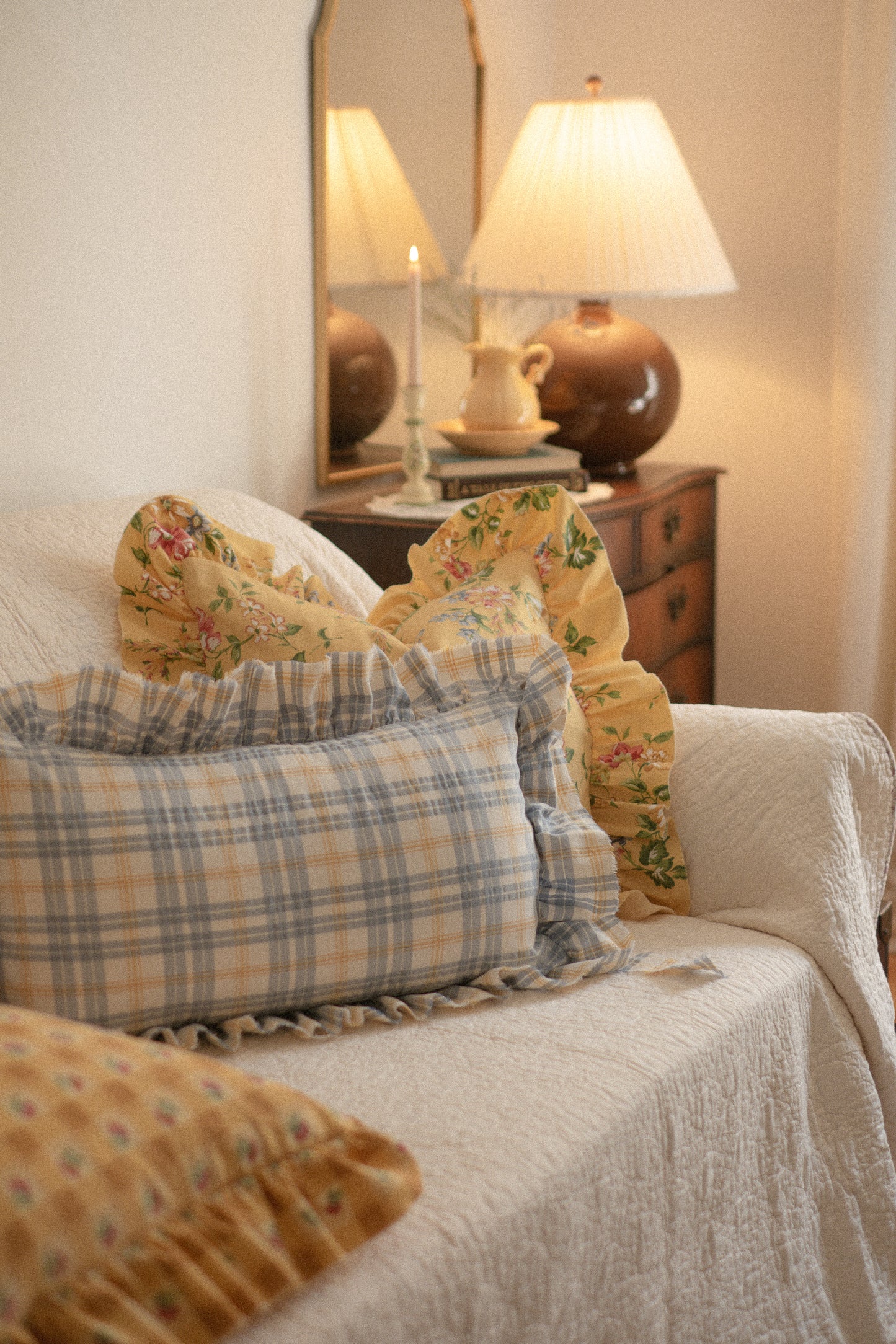 Ruffled ribbon pillow cover - Spring gingham