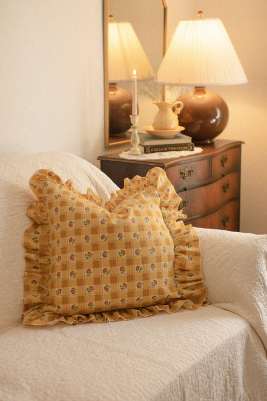 Ruffled ribbon pillow cover - Spring gingham