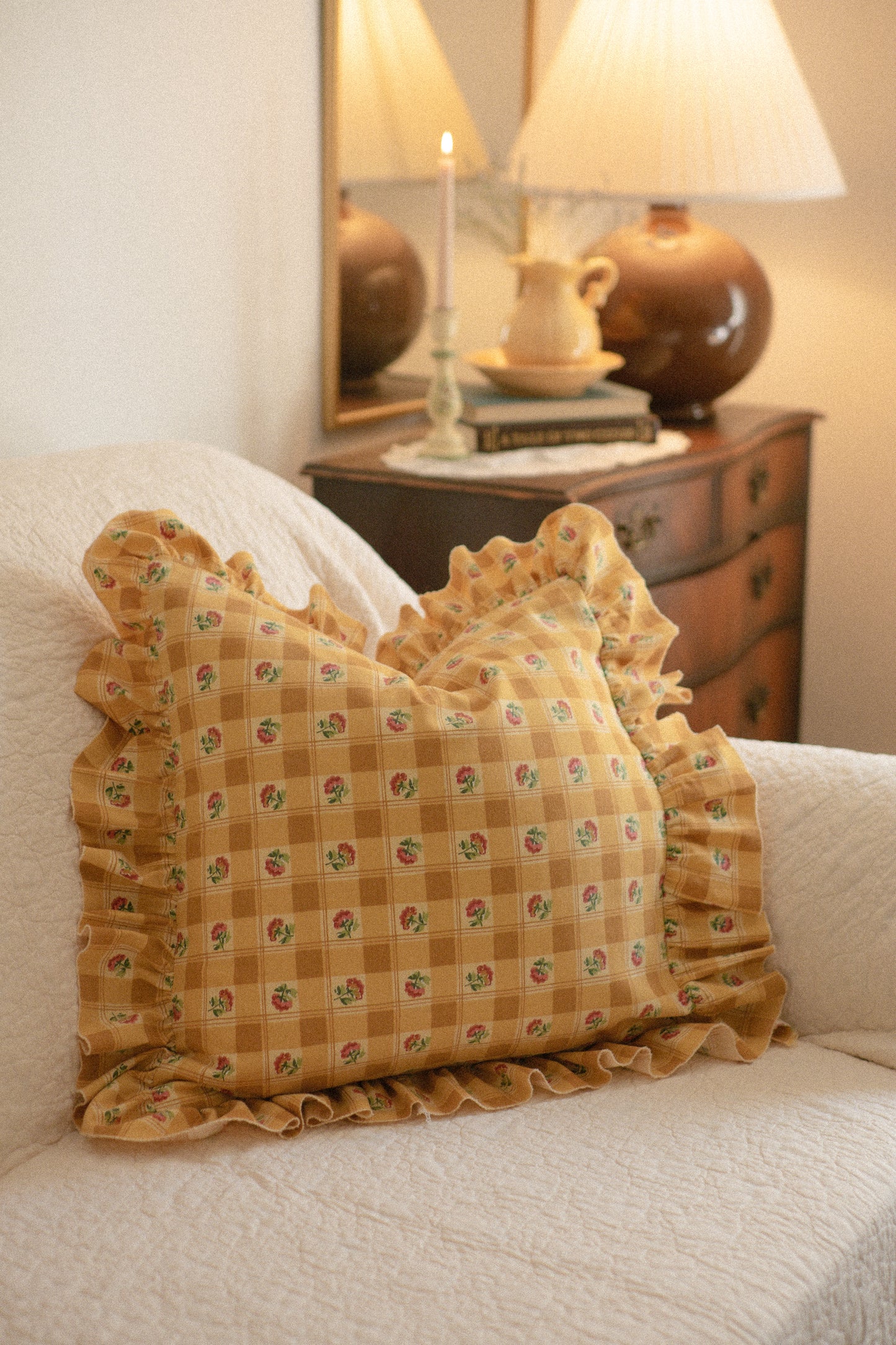 Ruffled ribbon pillow cover - Spring gingham