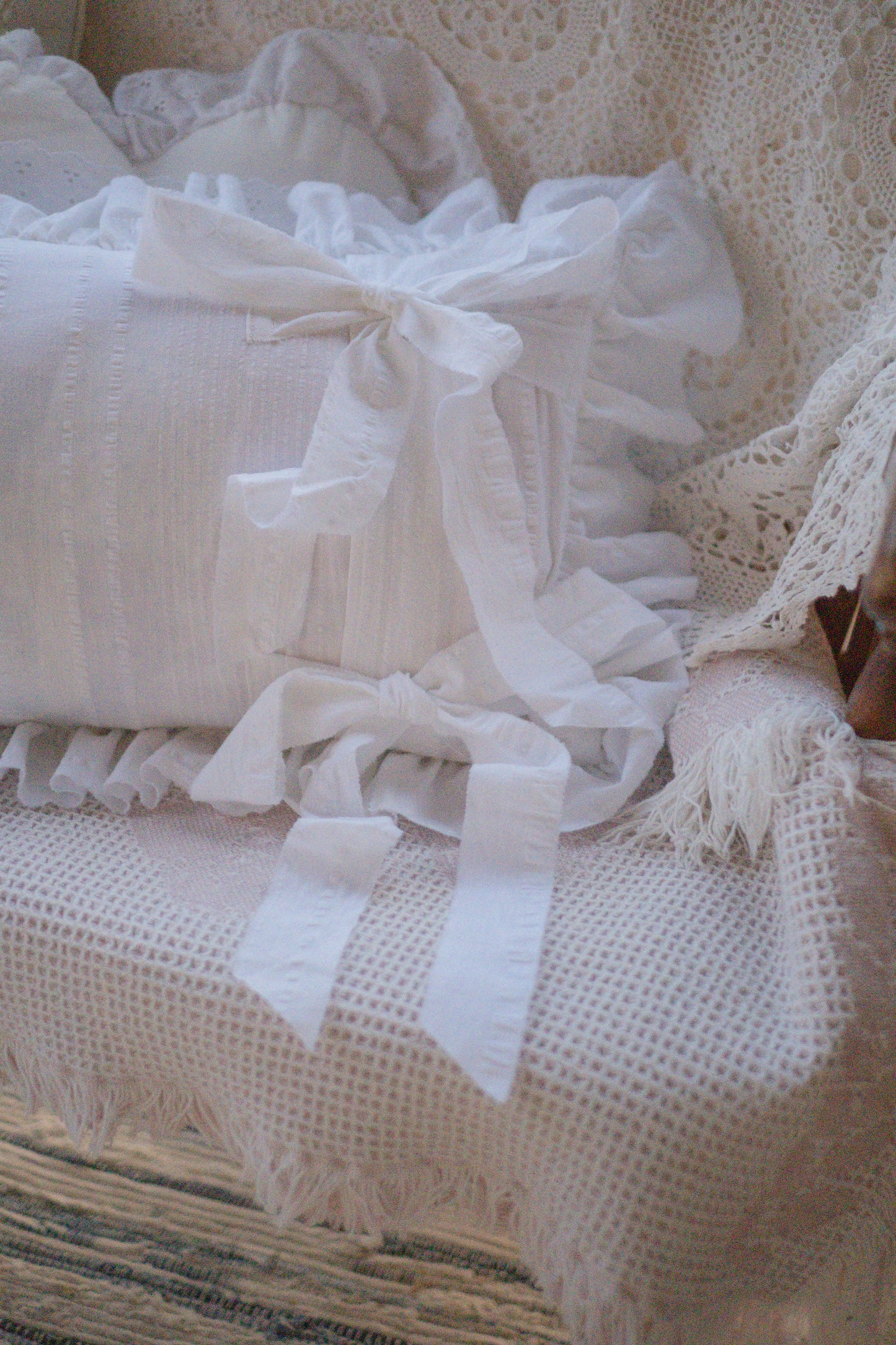 Handmade ruffled heart pillow - Antique lace