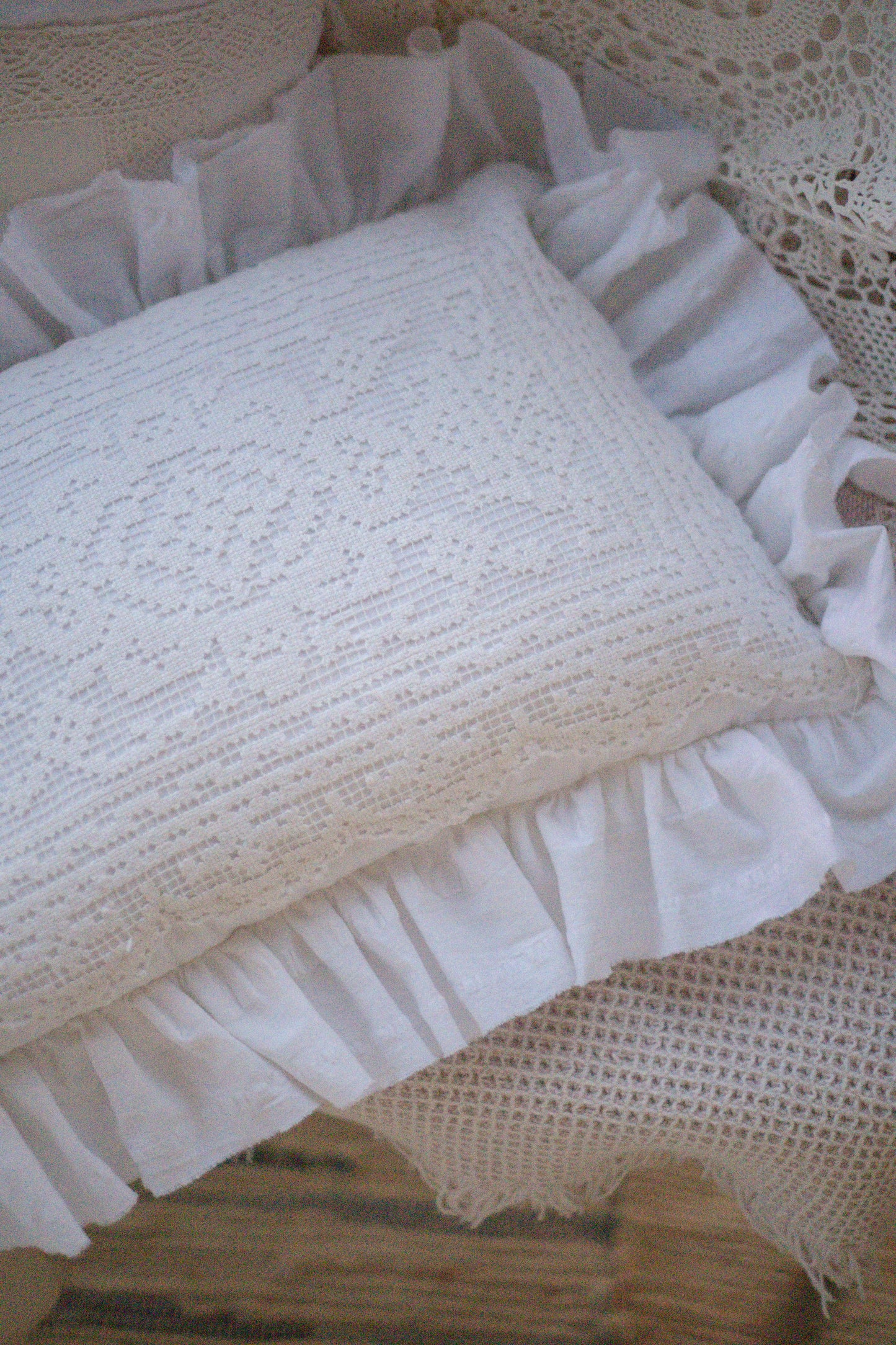 Handmade ruffled heart pillow - Antique lace