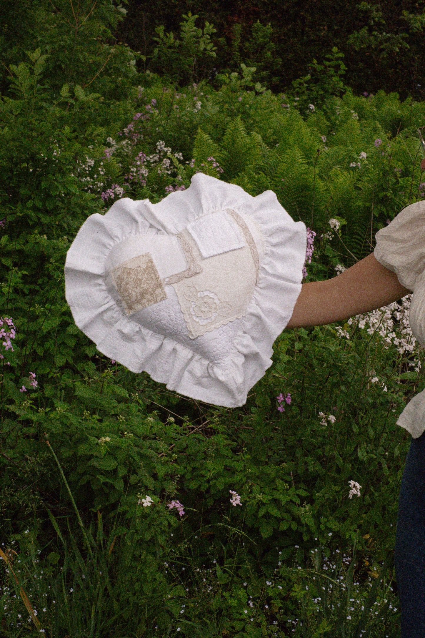 Handmade ruffled heart pillow - Antique linens