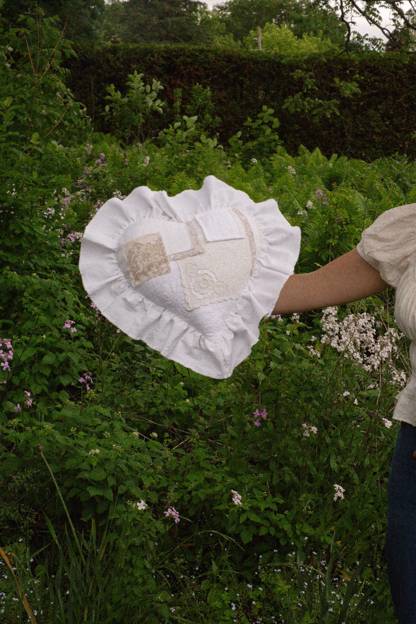 Handmade ruffled heart pillow - Antique linens