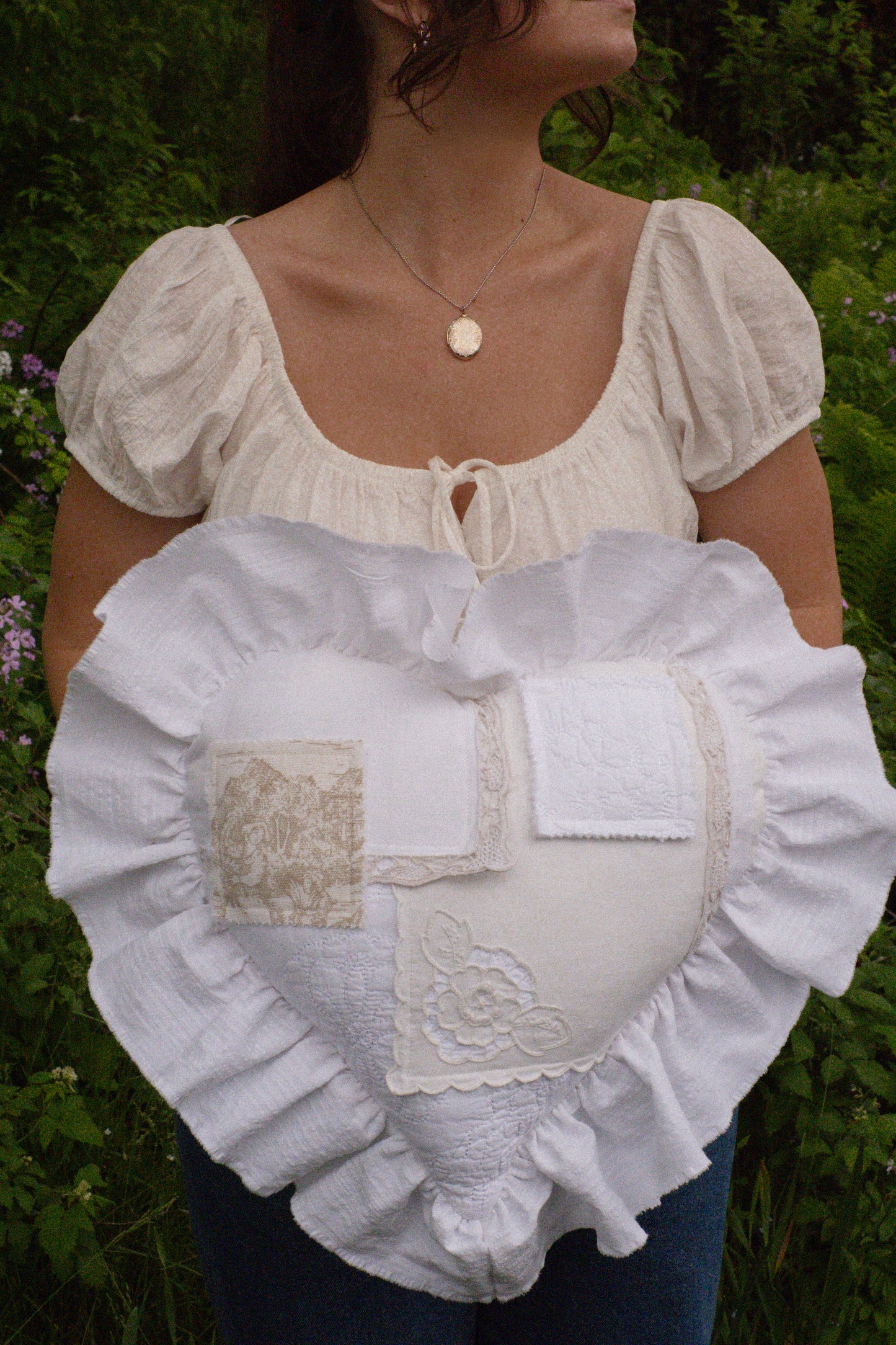 Handmade ruffled heart pillow - Antique linens