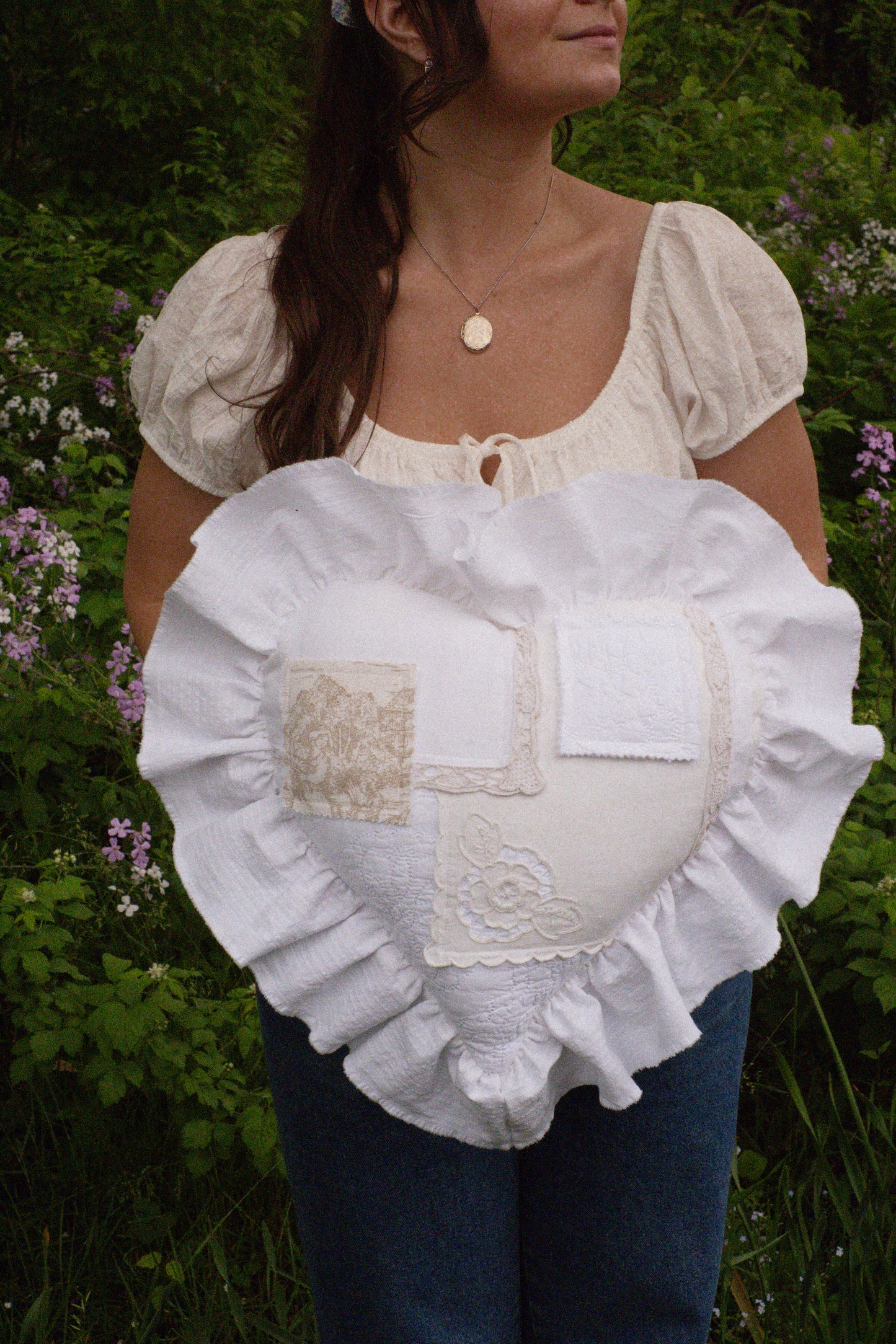 Handmade ruffled heart pillow - Antique linens
