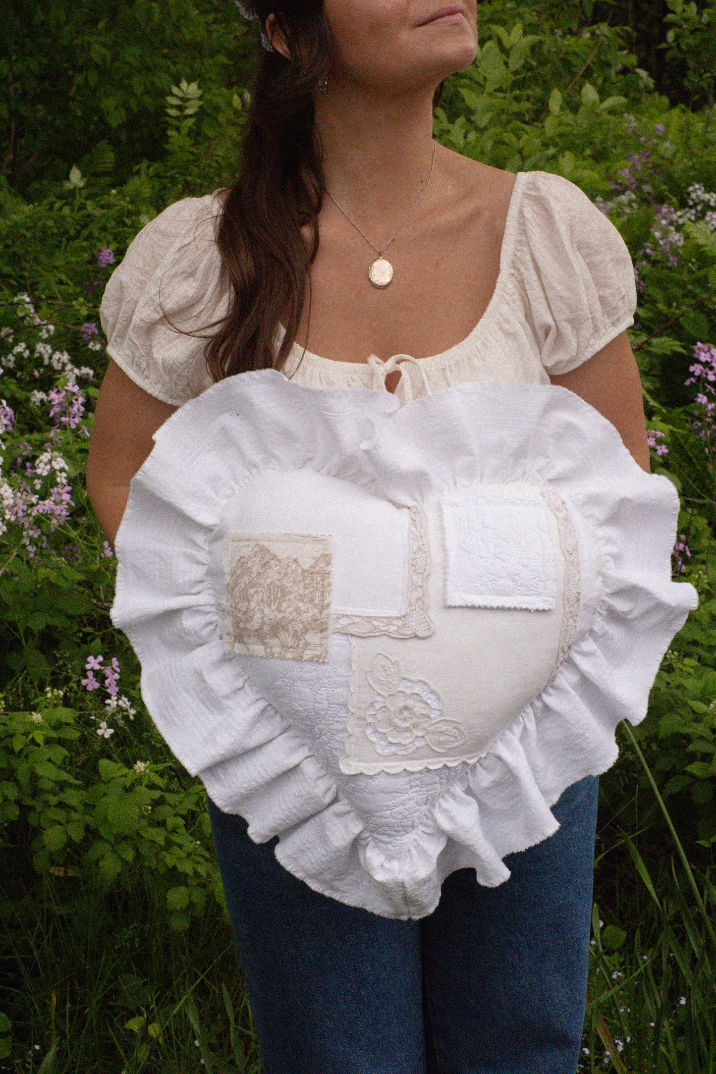 Handmade ruffled heart pillow - Antique linens