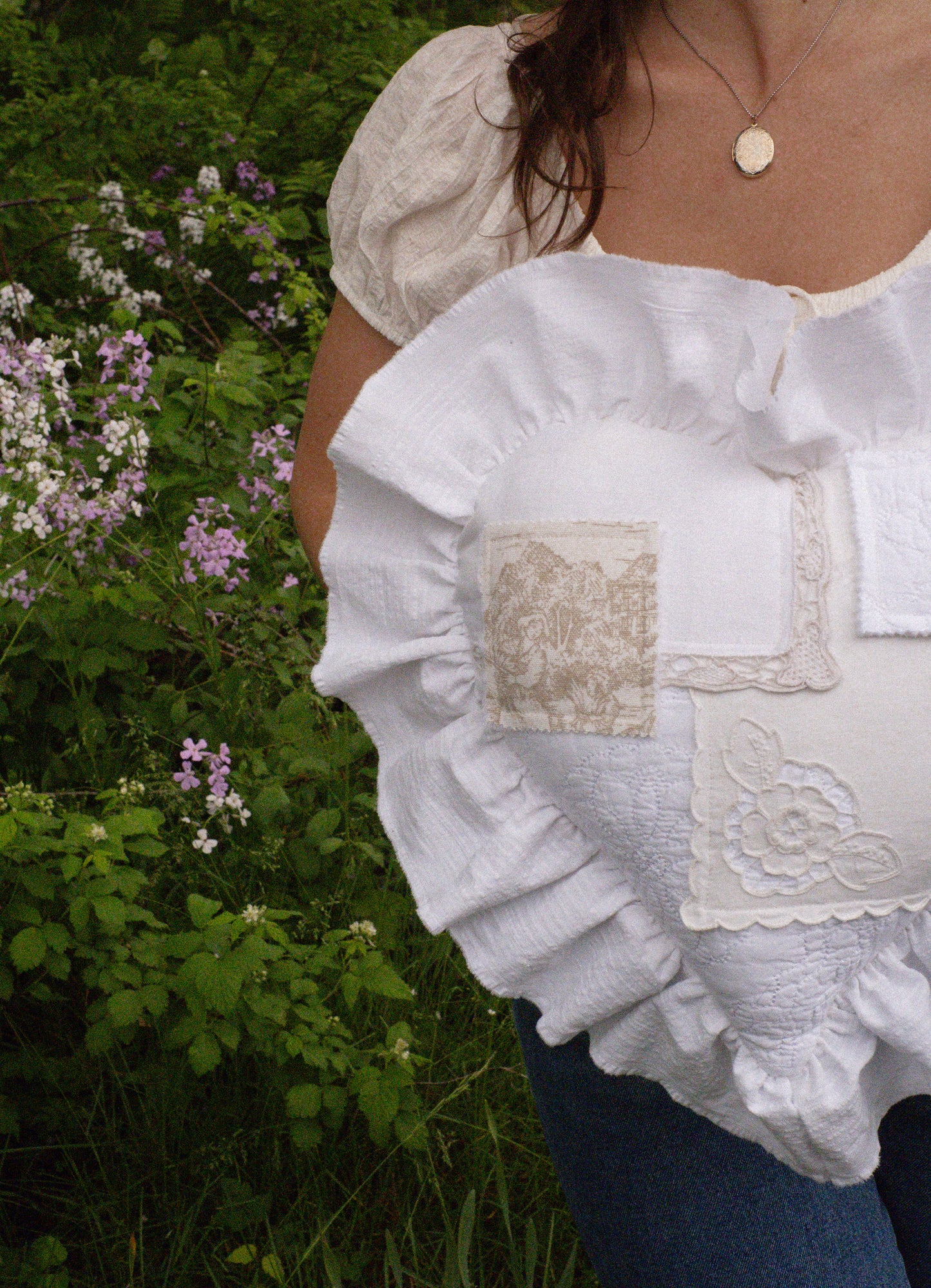 Handmade ruffled heart pillow - Antique linens