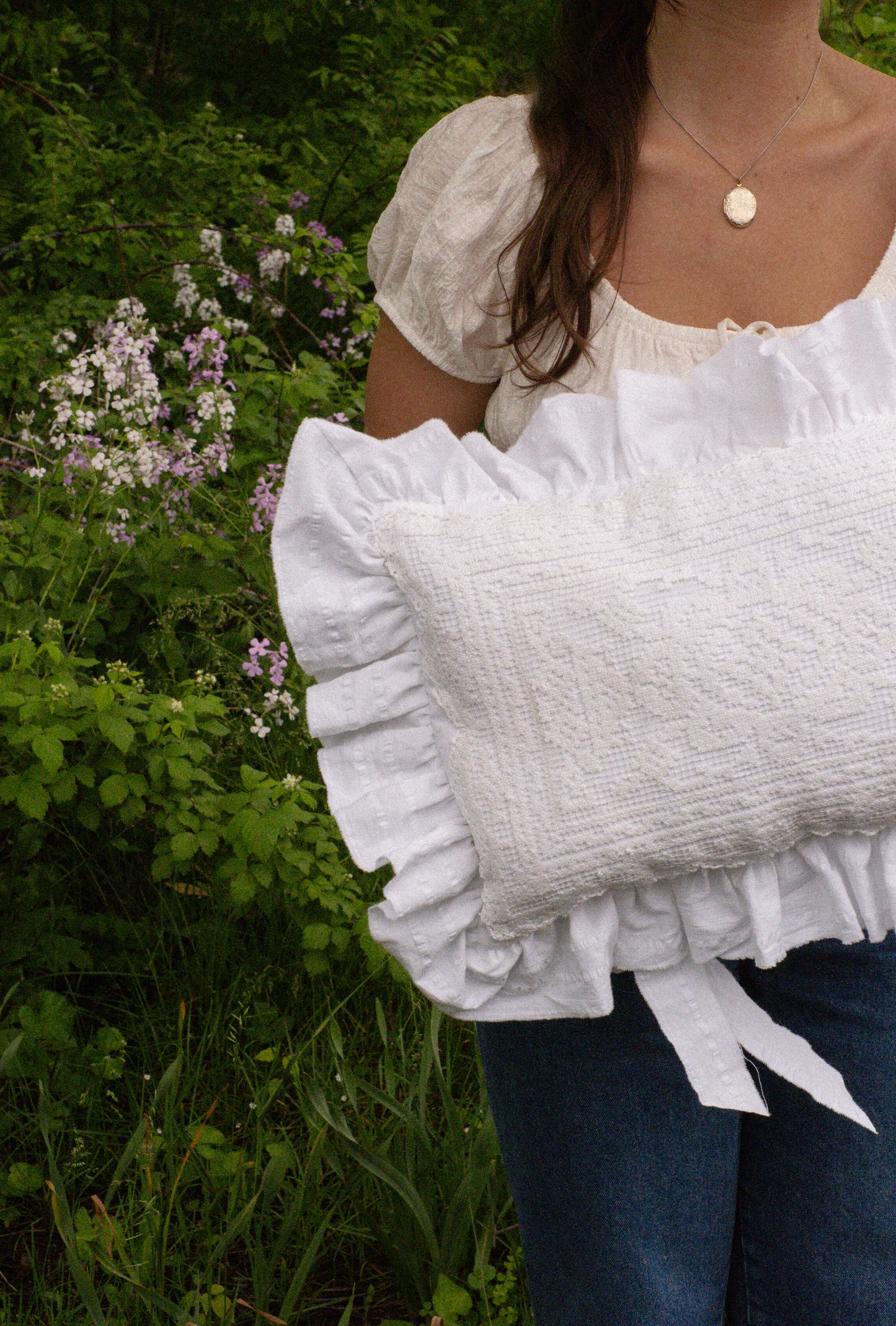 Handmade ruffled heart pillow - Antique lace
