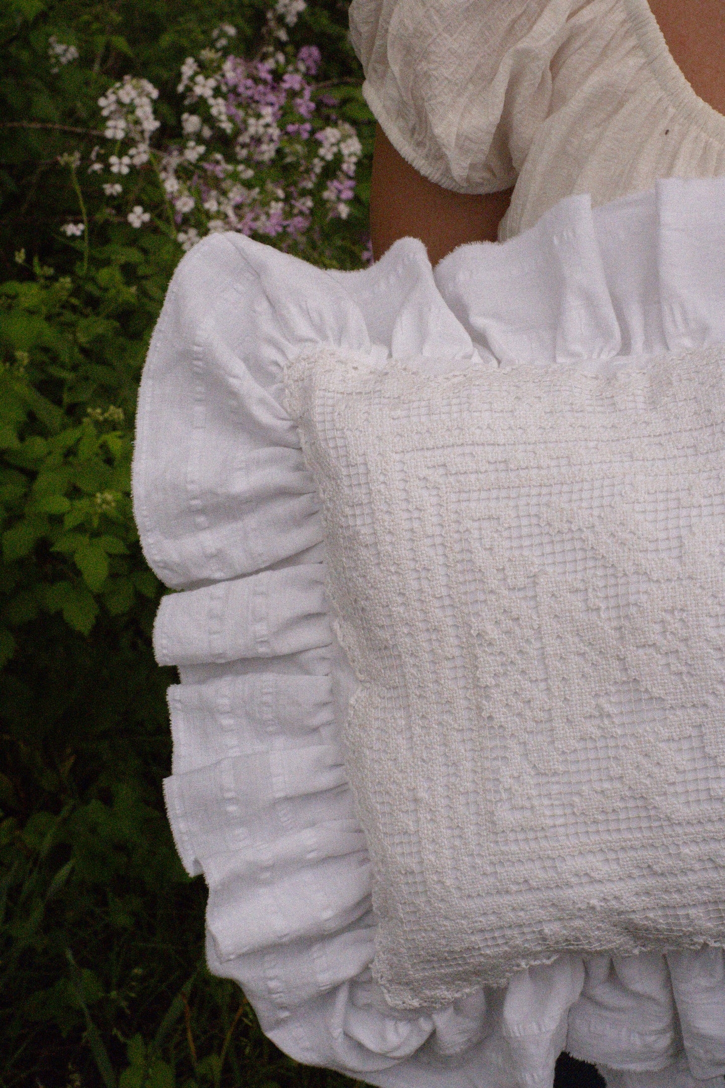 Handmade ruffled heart pillow - Antique lace
