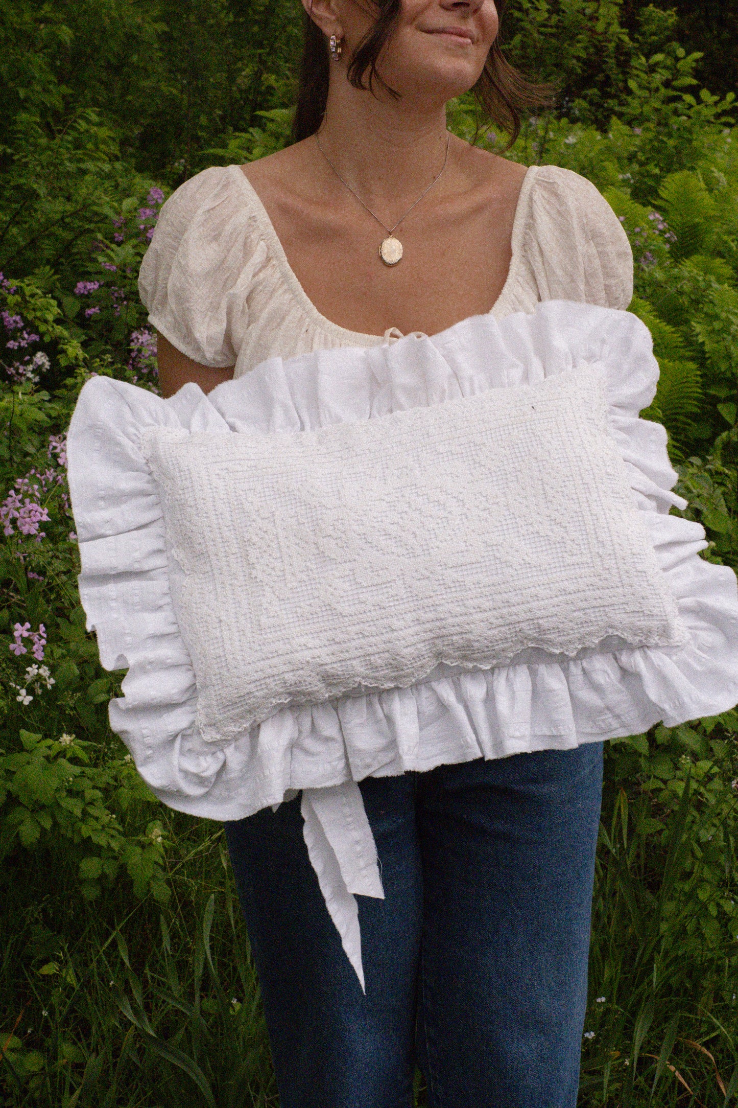 Handmade ruffled heart pillow - Antique lace