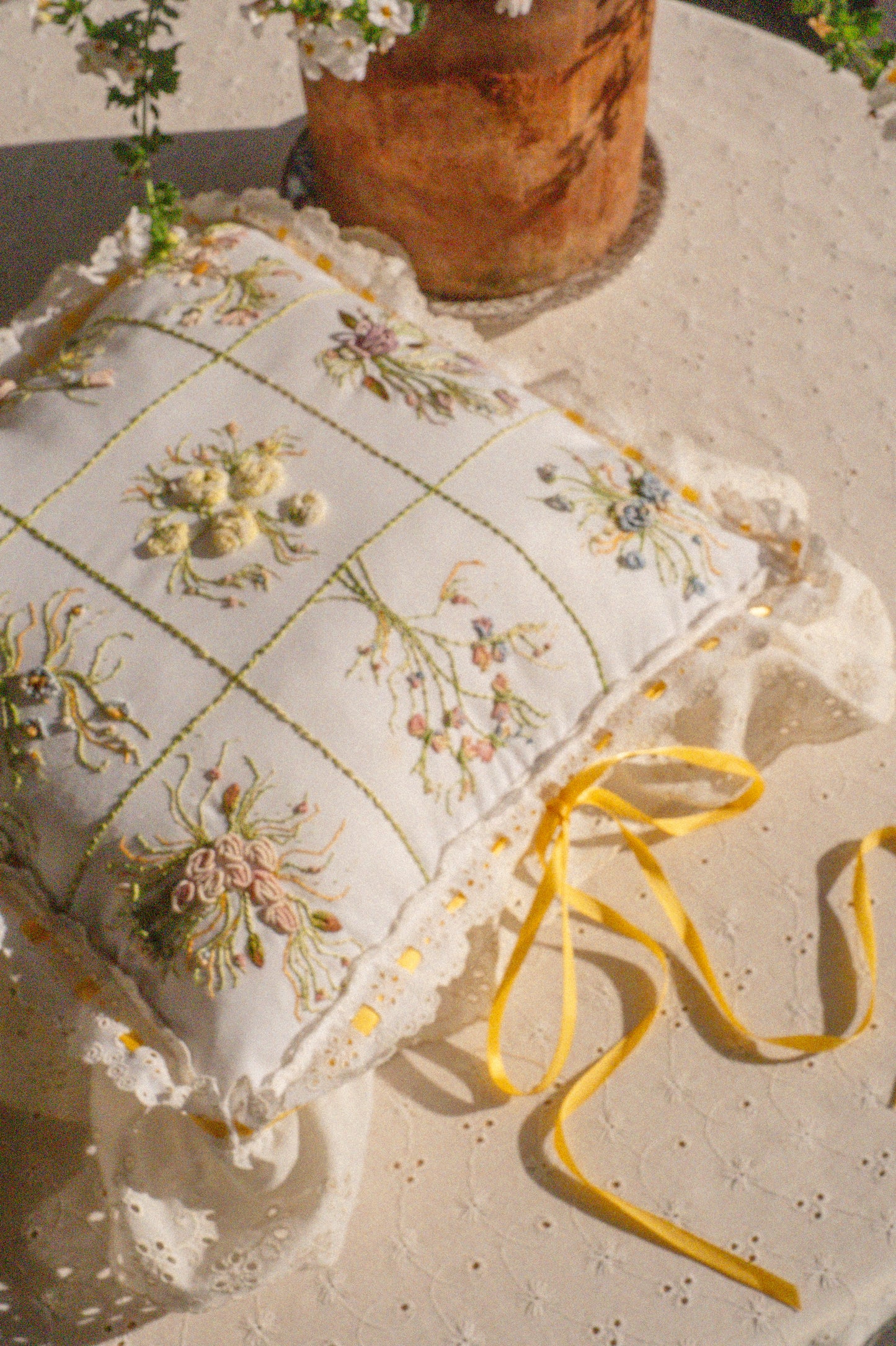 Vintage embroidered floral pillow