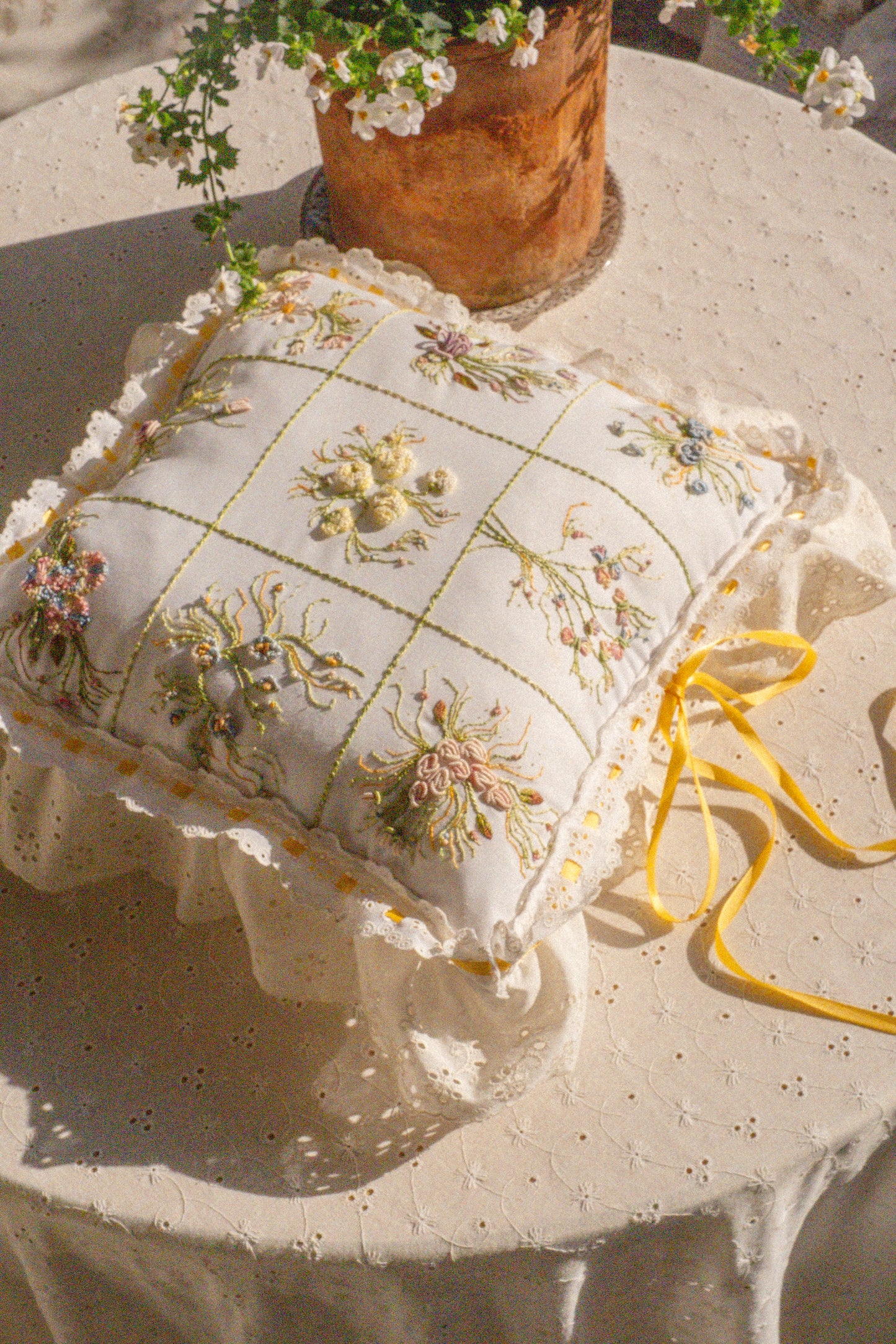 Vintage embroidered floral pillow