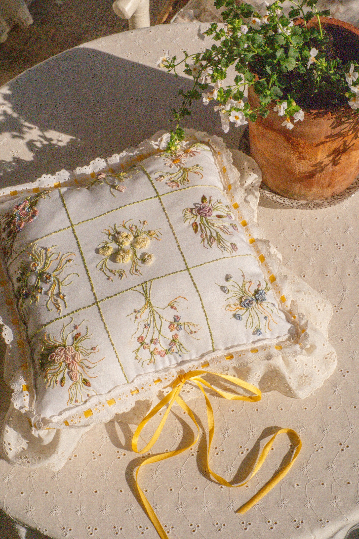 Vintage embroidered floral pillow