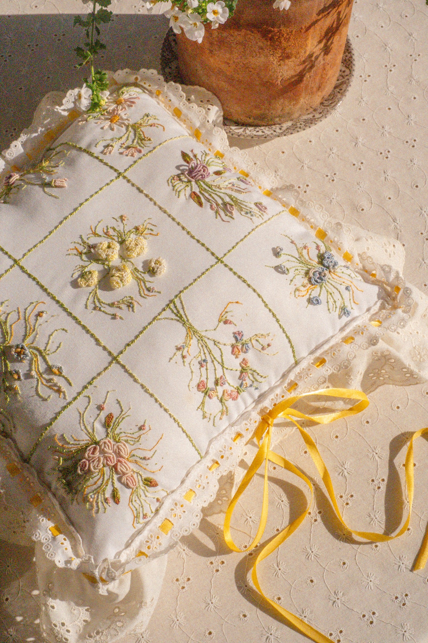 Vintage embroidered floral pillow