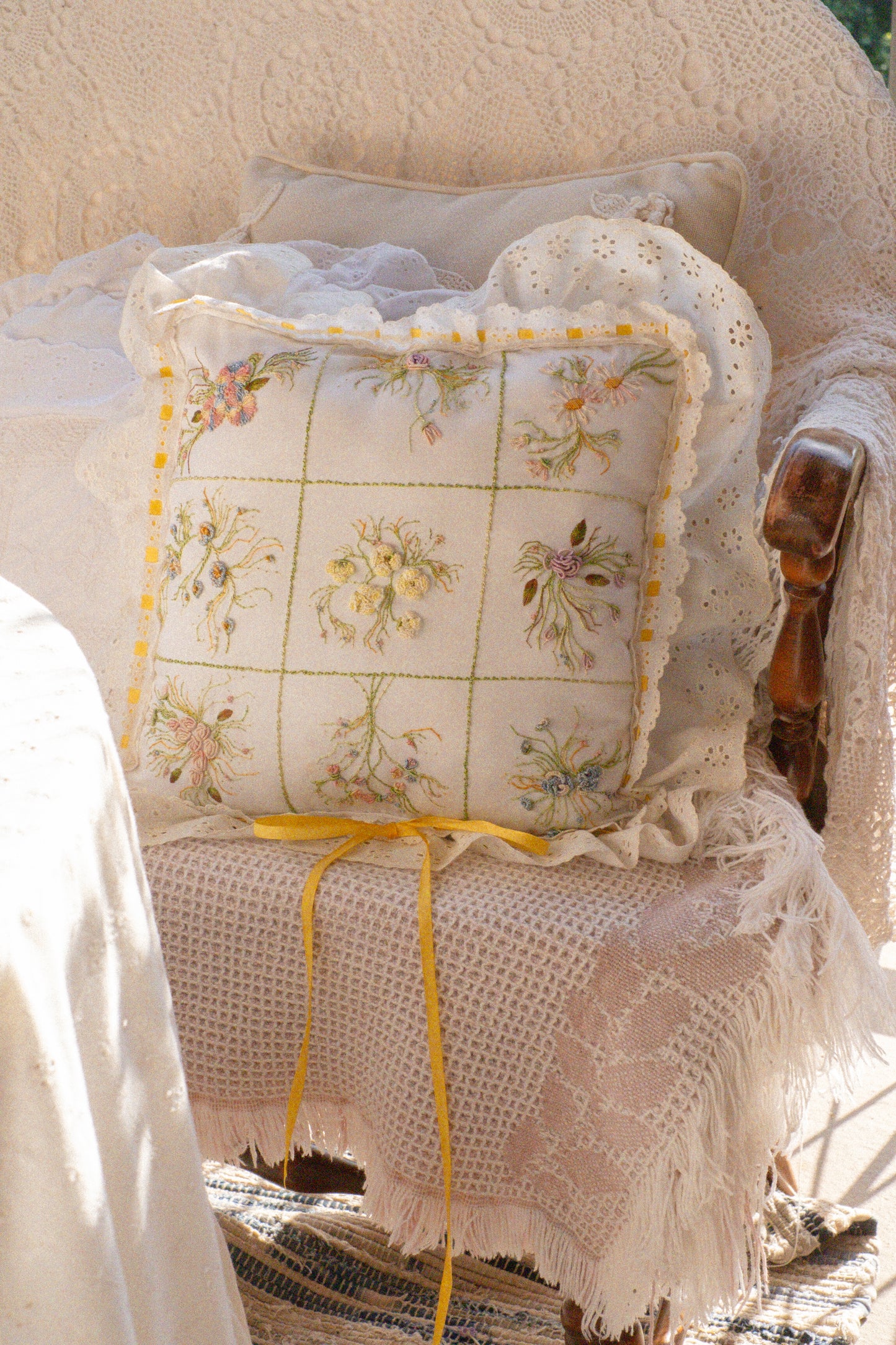Vintage embroidered floral pillow