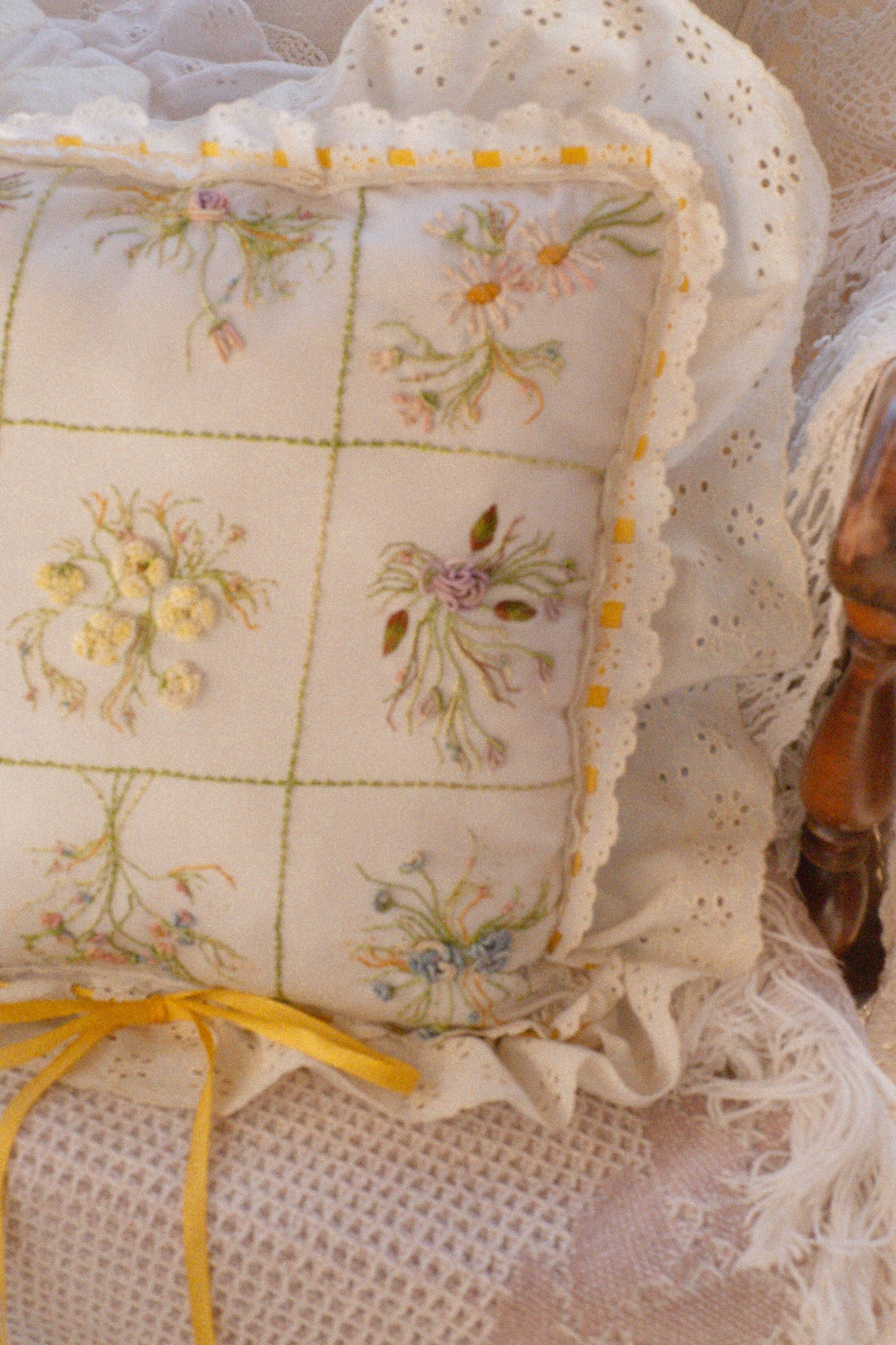 Vintage embroidered floral pillow
