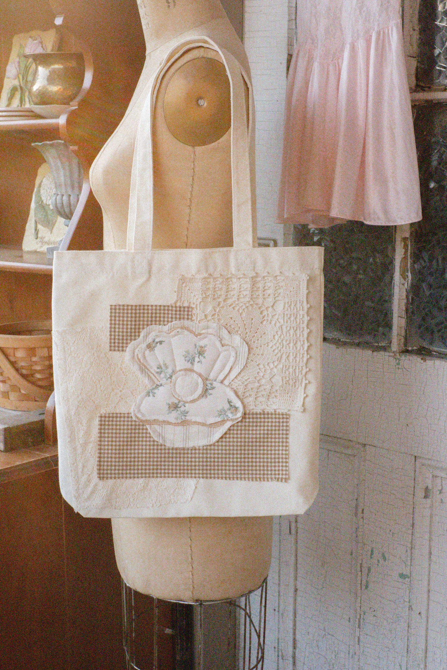 Handmade seashell appliqué tote