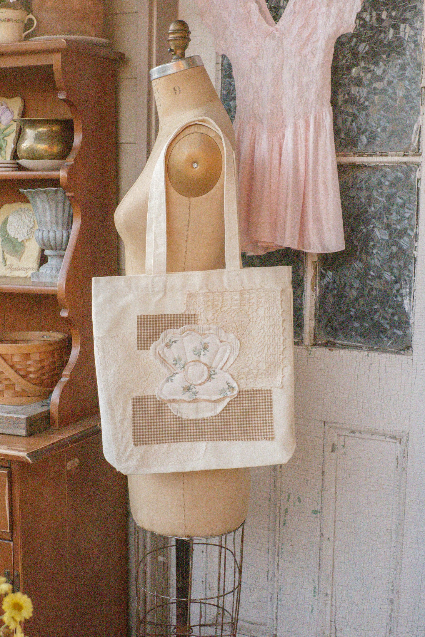 Handmade seashell appliqué tote