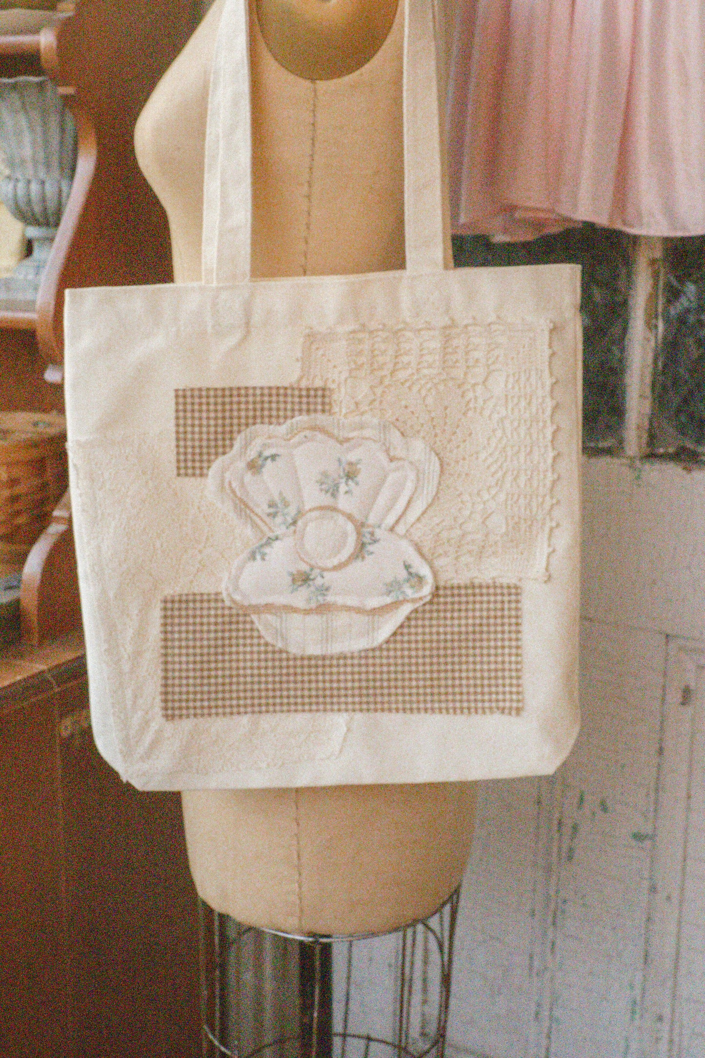 Handmade seashell appliqué tote
