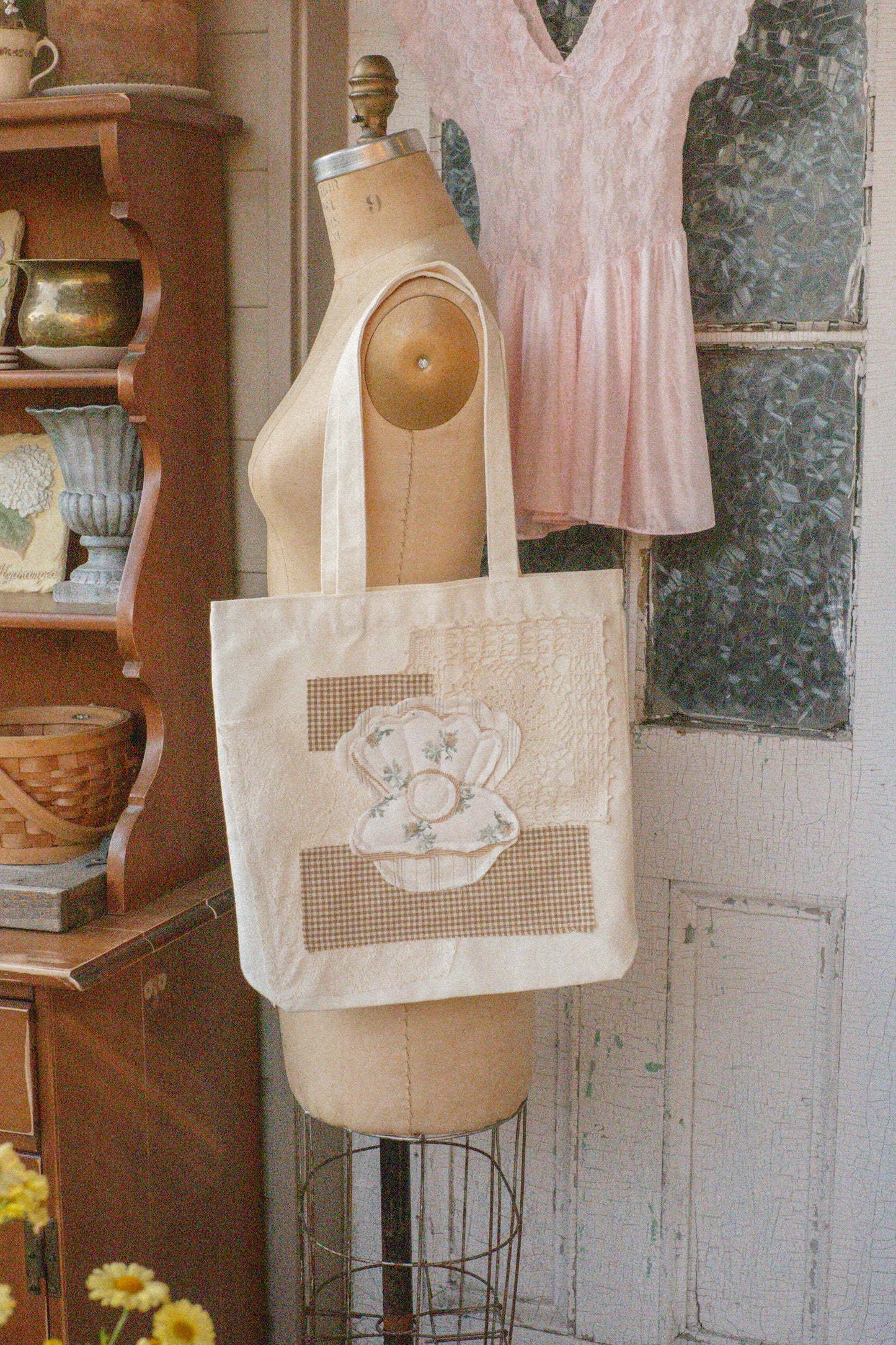 Handmade seashell appliqué tote