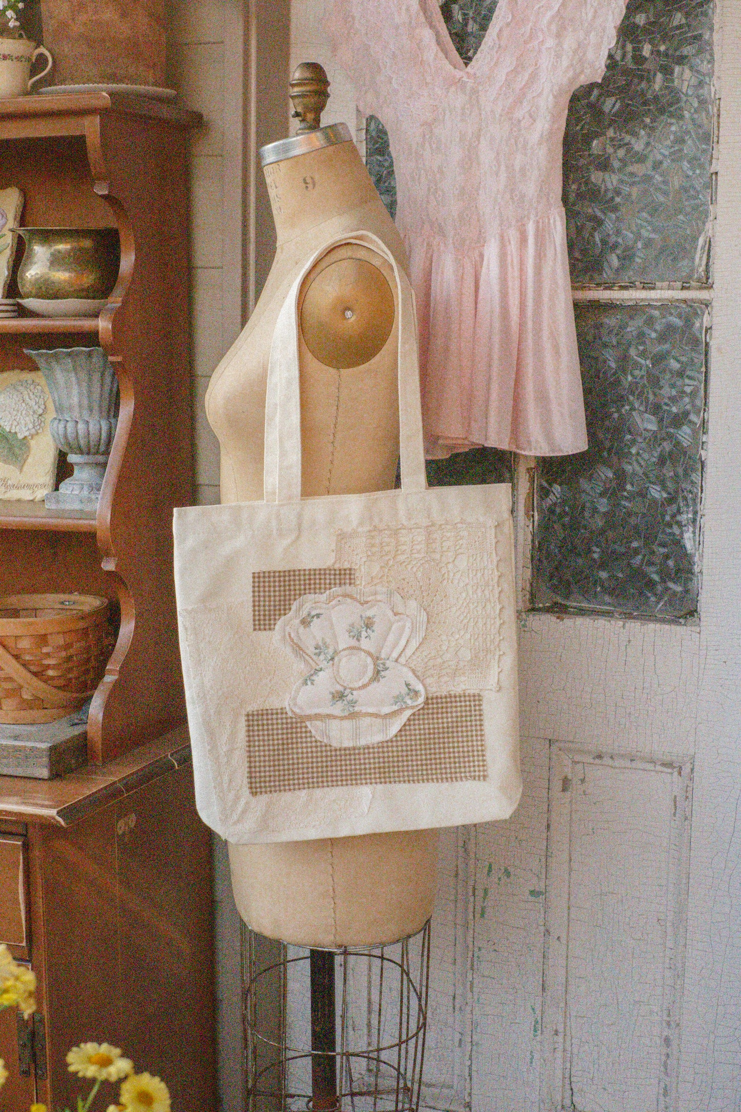 Handmade seashell appliqué tote