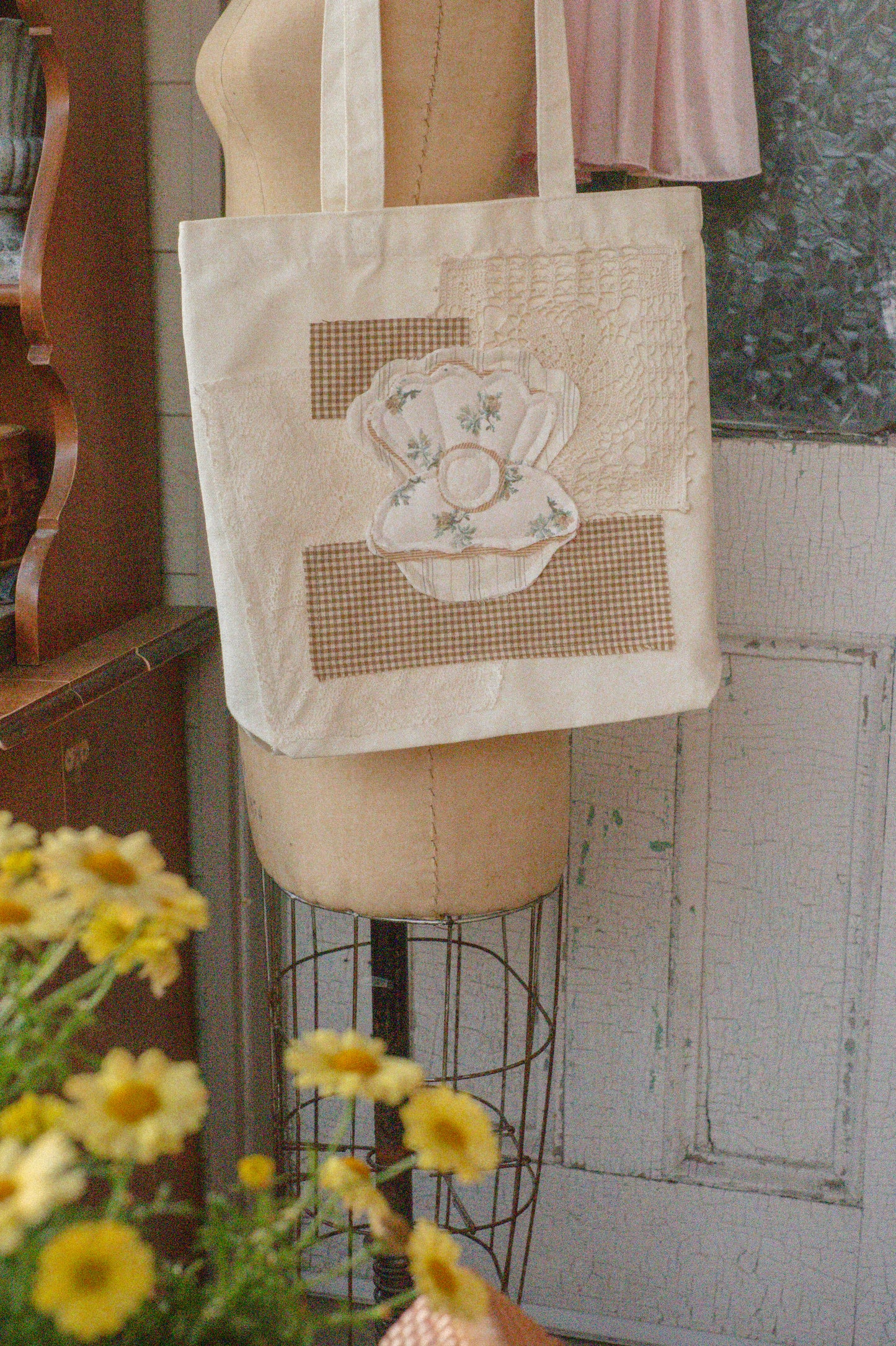 Handmade seashell appliqué tote
