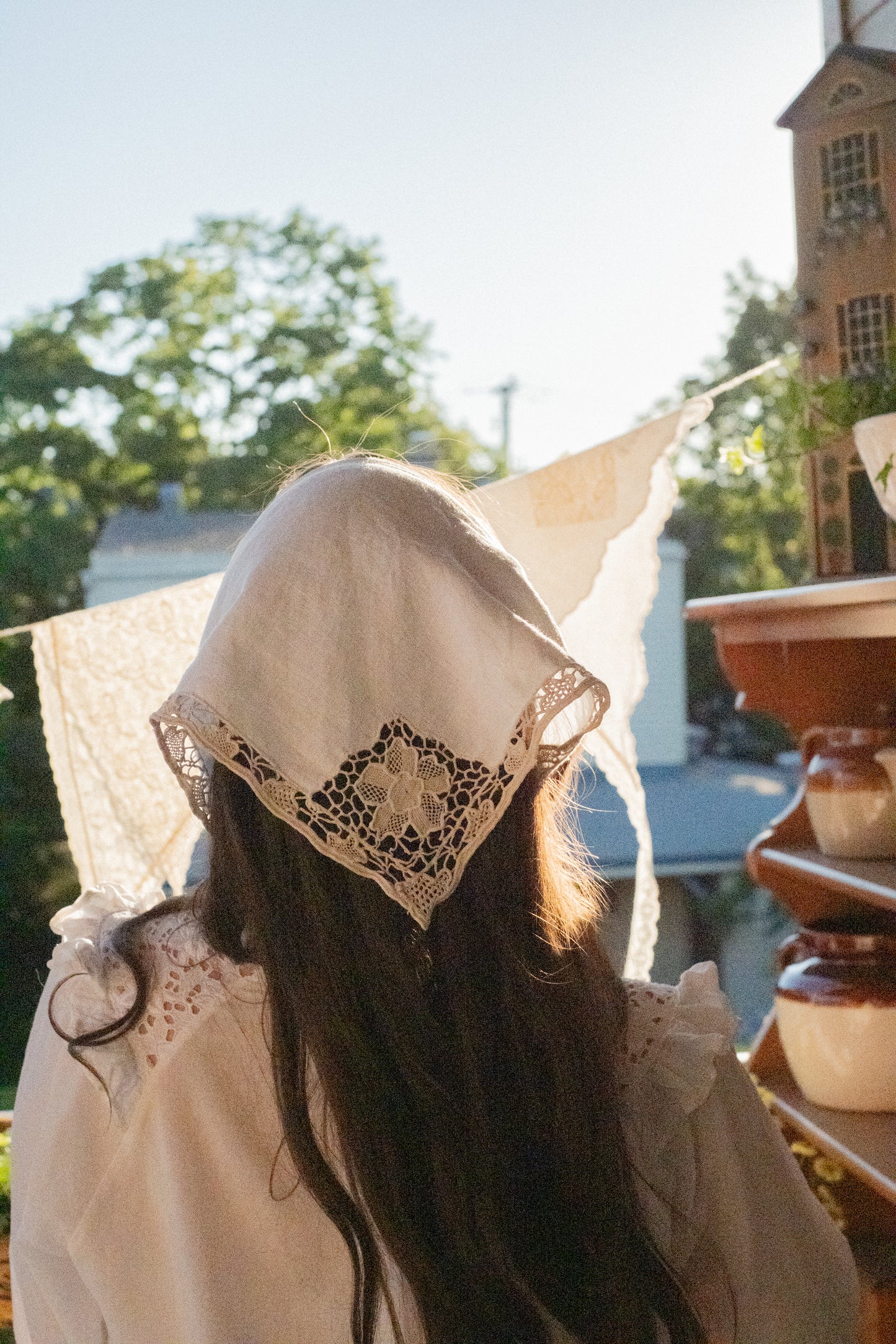 Handmade vintage french lace trimmed bandana
