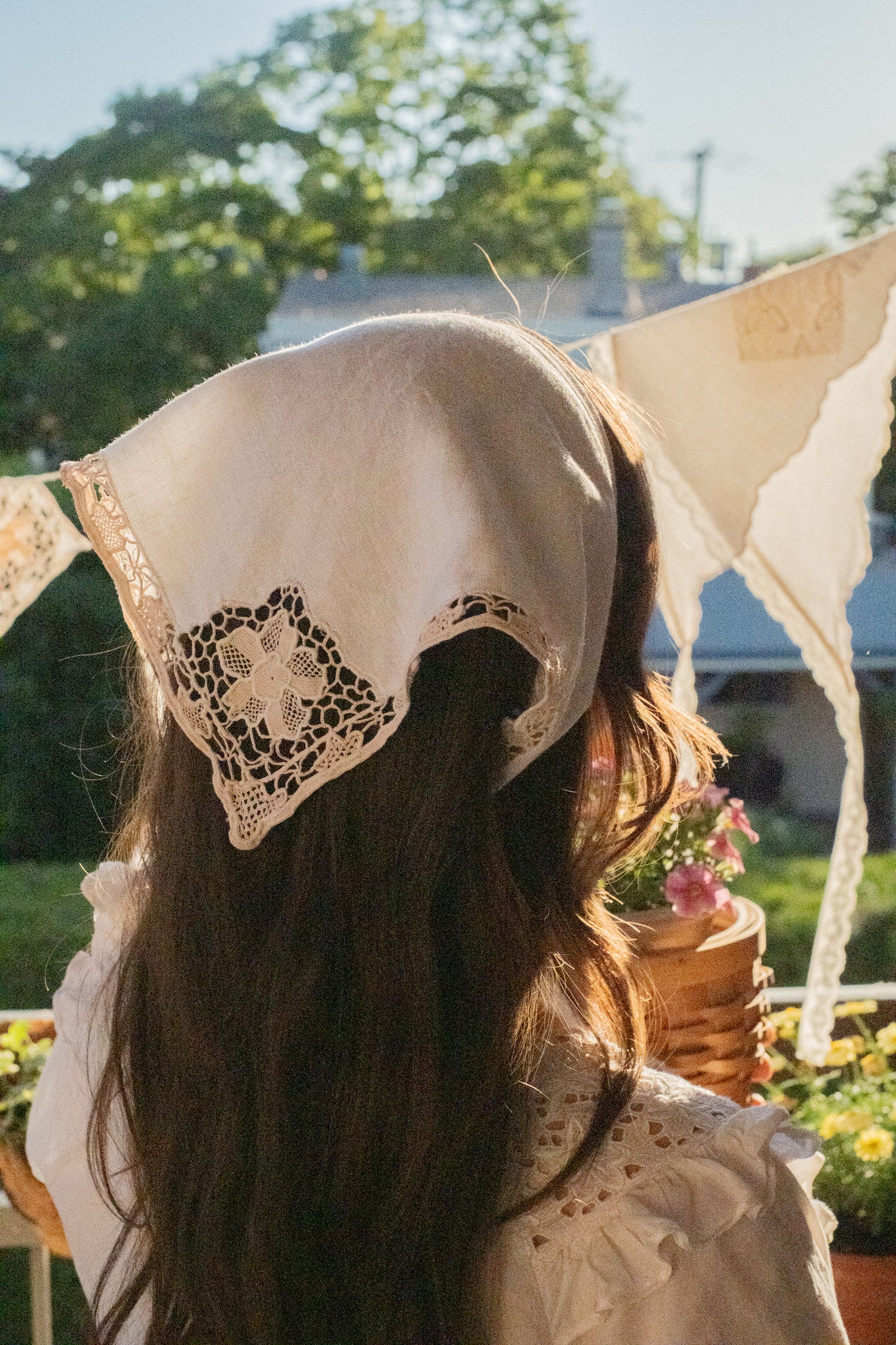 Handmade vintage french lace trimmed bandana