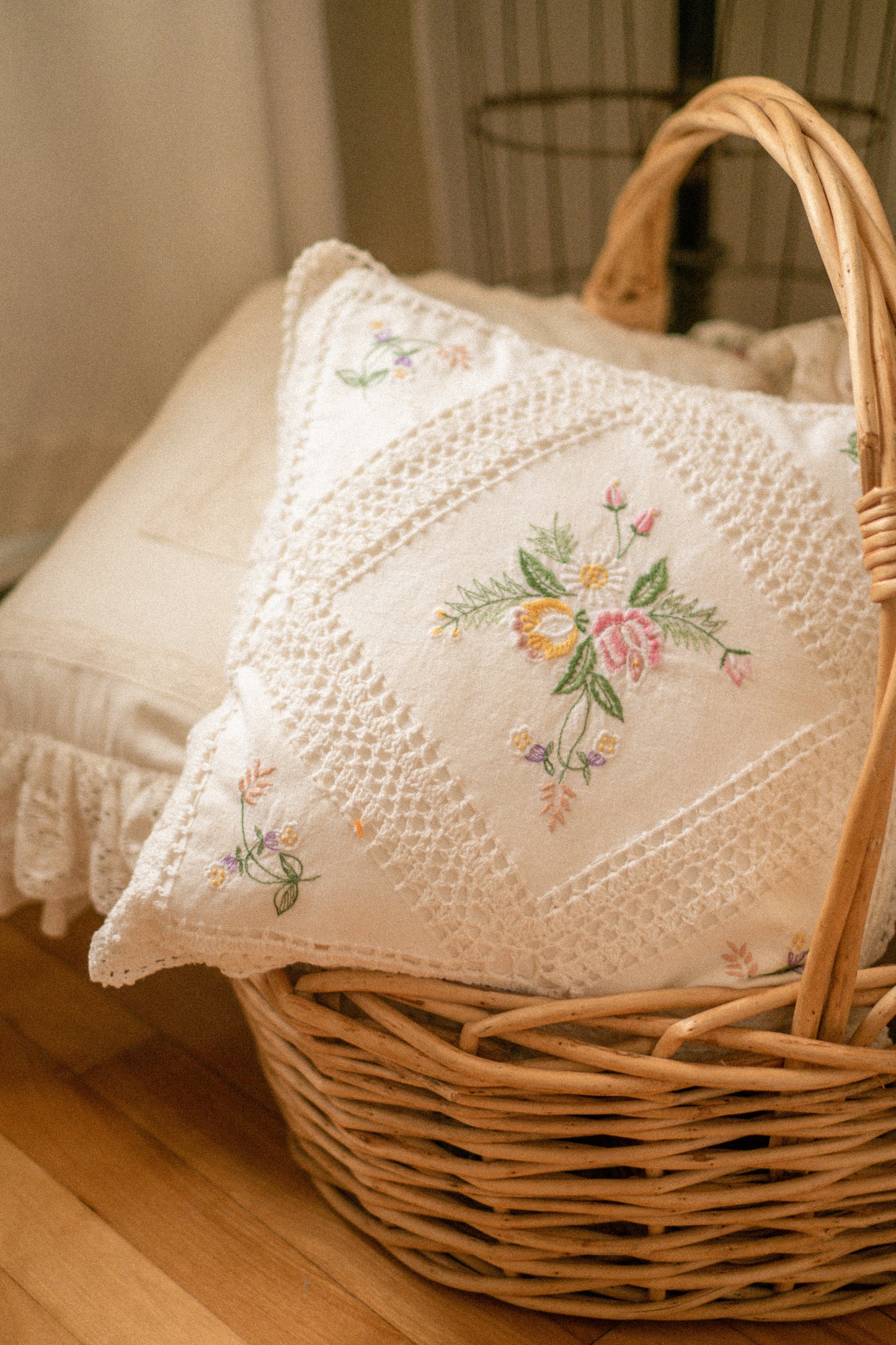 Vintage crochet floral embroidered pillow