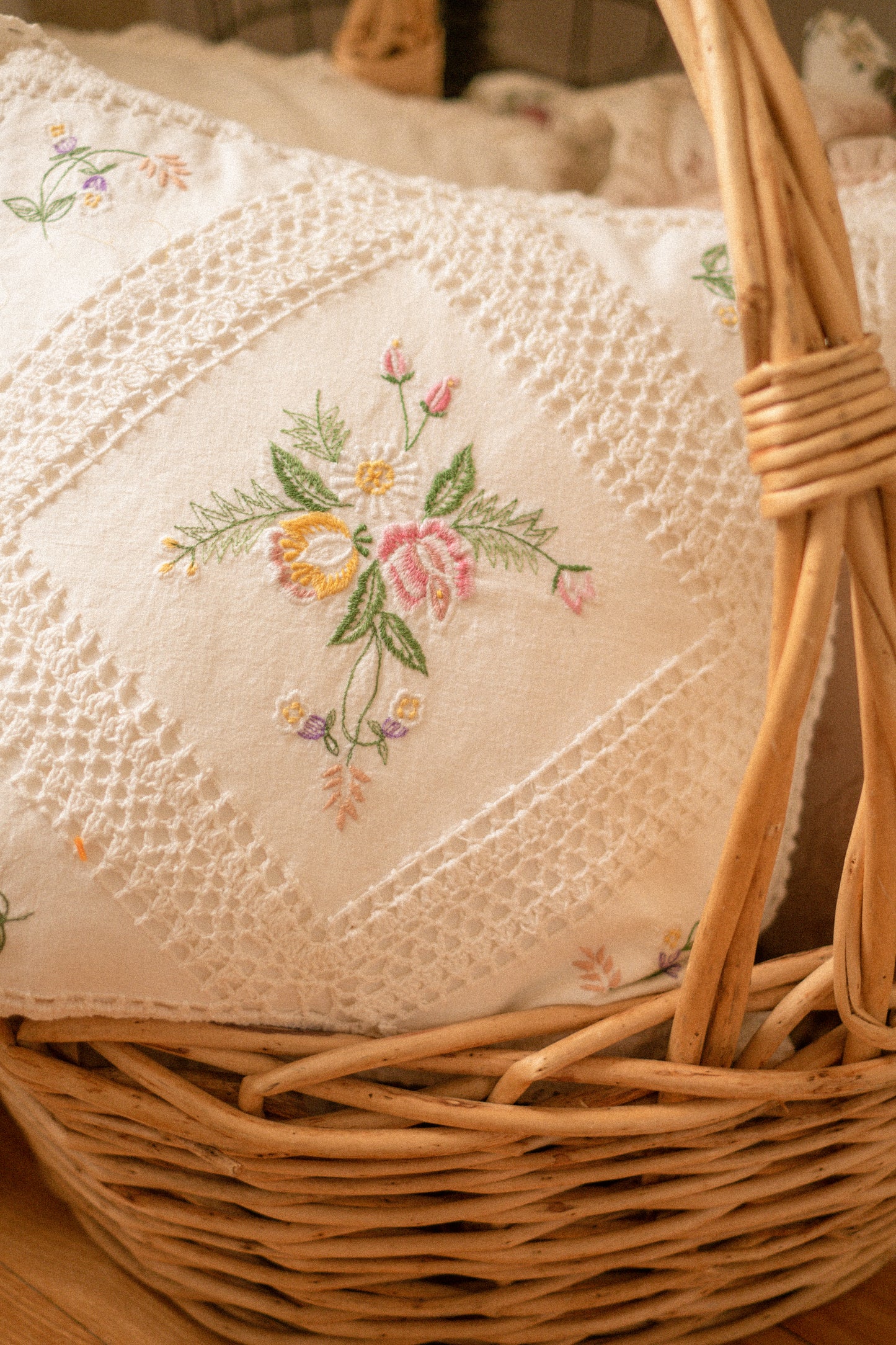 Vintage crochet floral embroidered pillow