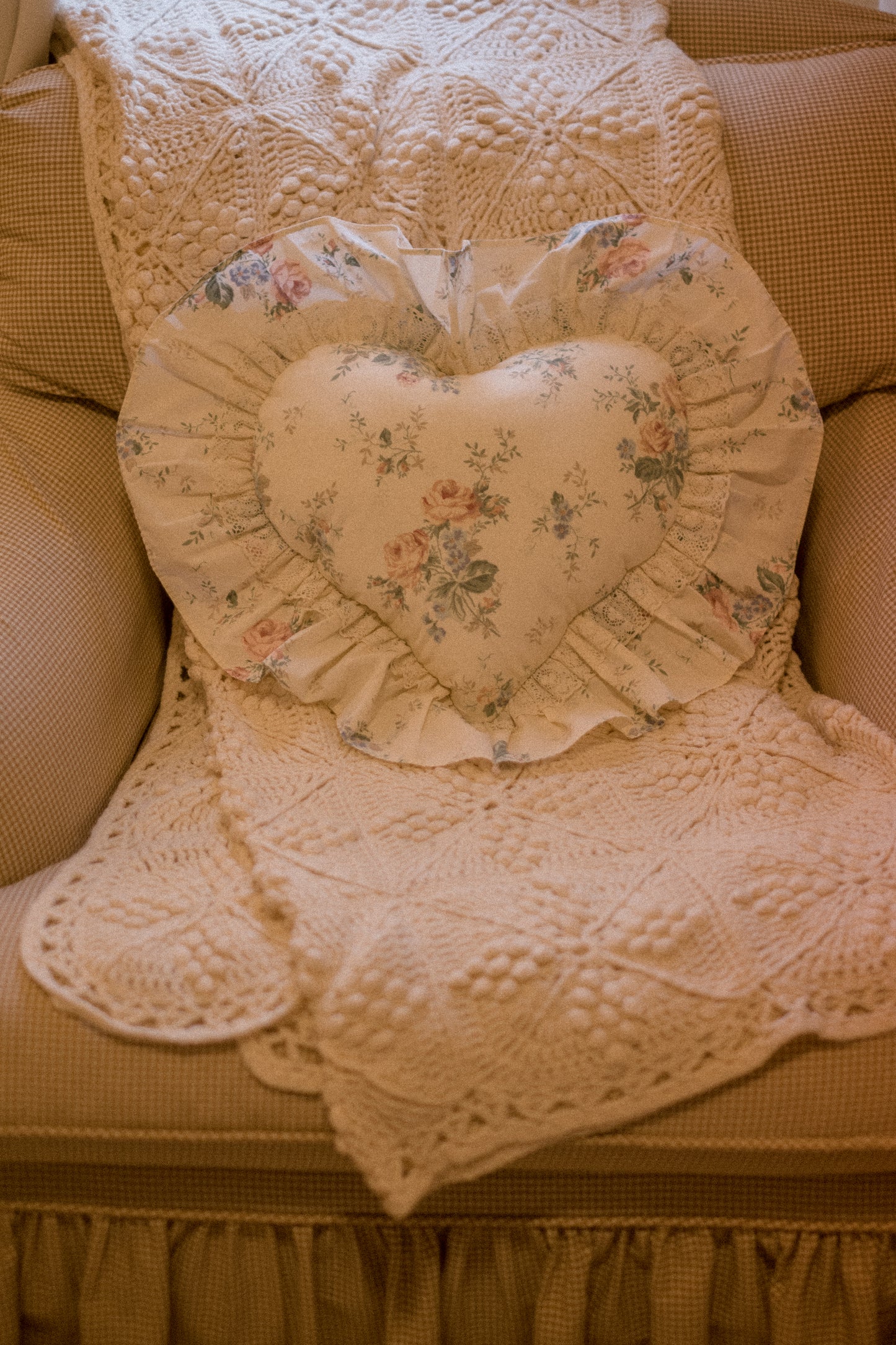 Handmade ruffled heart pillow - glistening snow