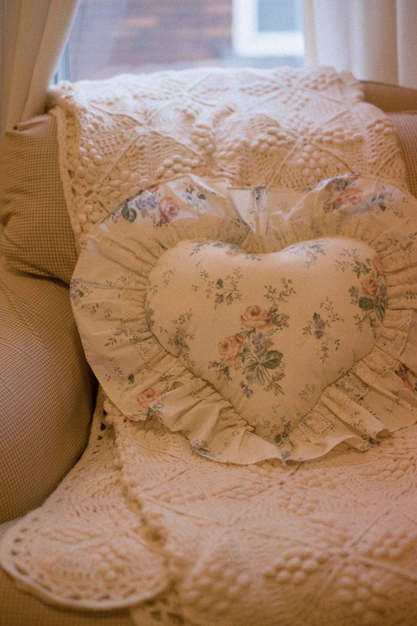 Handmade ruffled heart pillow - glistening snow