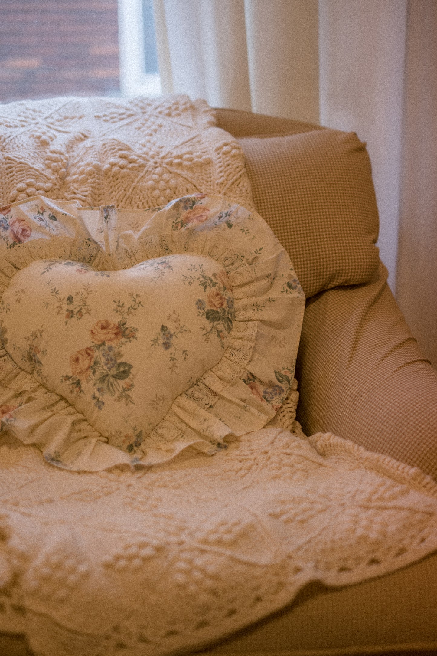 Handmade ruffled heart pillow - glistening snow